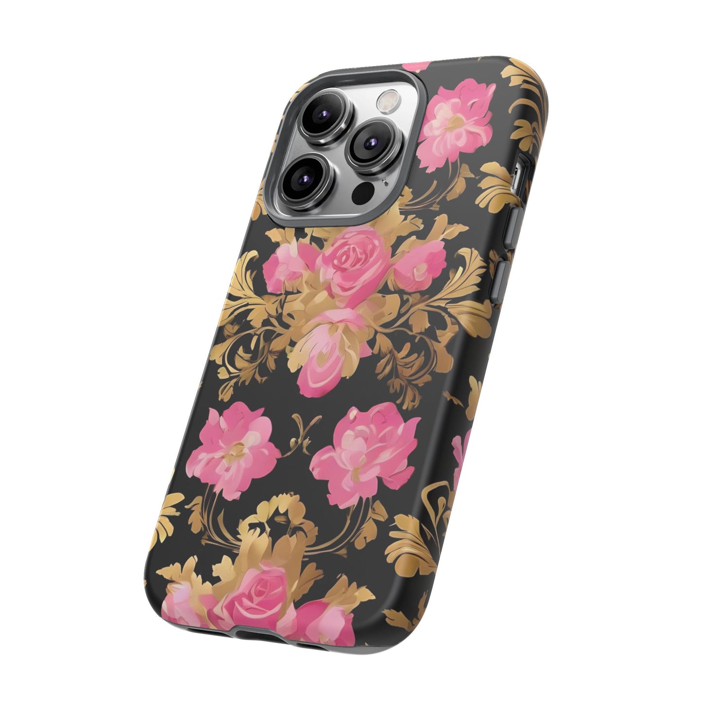 Elegant Floral Motif Phone Case - Tough Cases with Vintage Design - Pink & Gold Roses