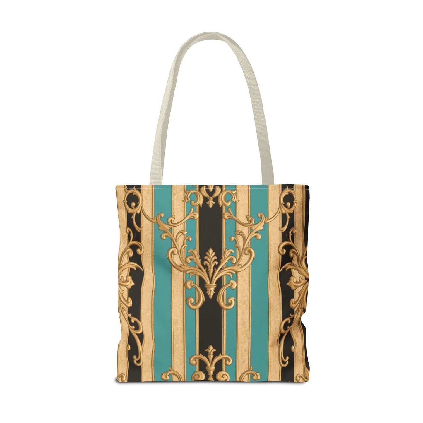 Elegant Black, Tan & Ocean Green Striped Gold Baroque Vintage Pattern Tote Bag, Stylish Carryall, Fashionable Handbag, Perfect Gift for Mother’s Day