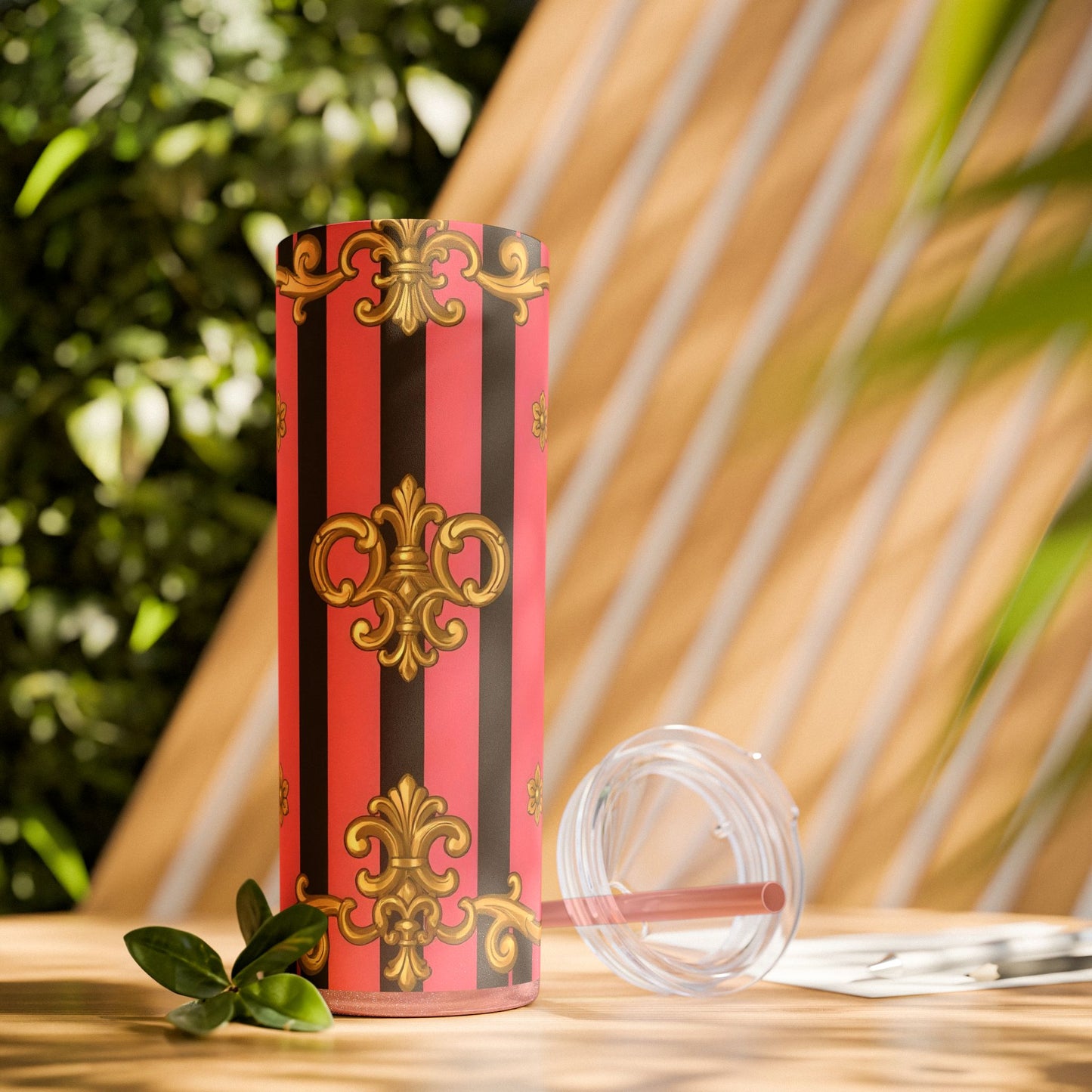 Chic Pink Striped Skinny Tumbler, 20oz | Elegant Travel Mug, Perfect Gift for Birthdays - Pink & Black Striped Gold Baroque