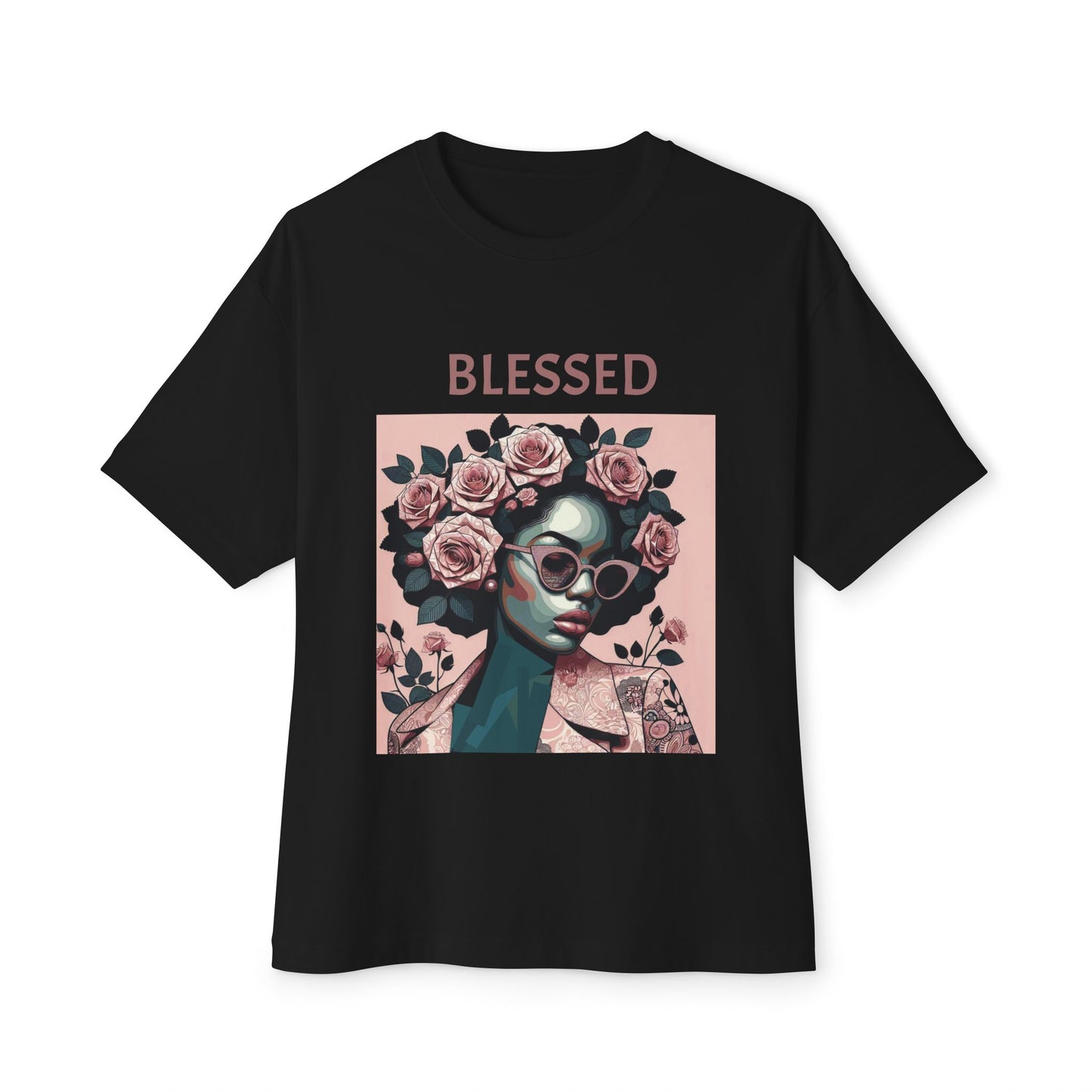 Unisex Oversized Boxy Tee - Blessed Floral Graphic Tee, Comfortable T-Shirt for Girls Night Out, Casual Summer Top, Gift for Her - Mauve Lettering