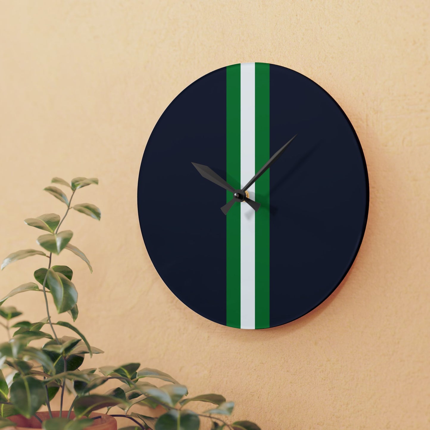 Lunar Midnight & Green-White Striped Modern Acrylic Wall Clock with Minimalist Design, Home Decor, Office Wall Art, Gifts for Him/Her