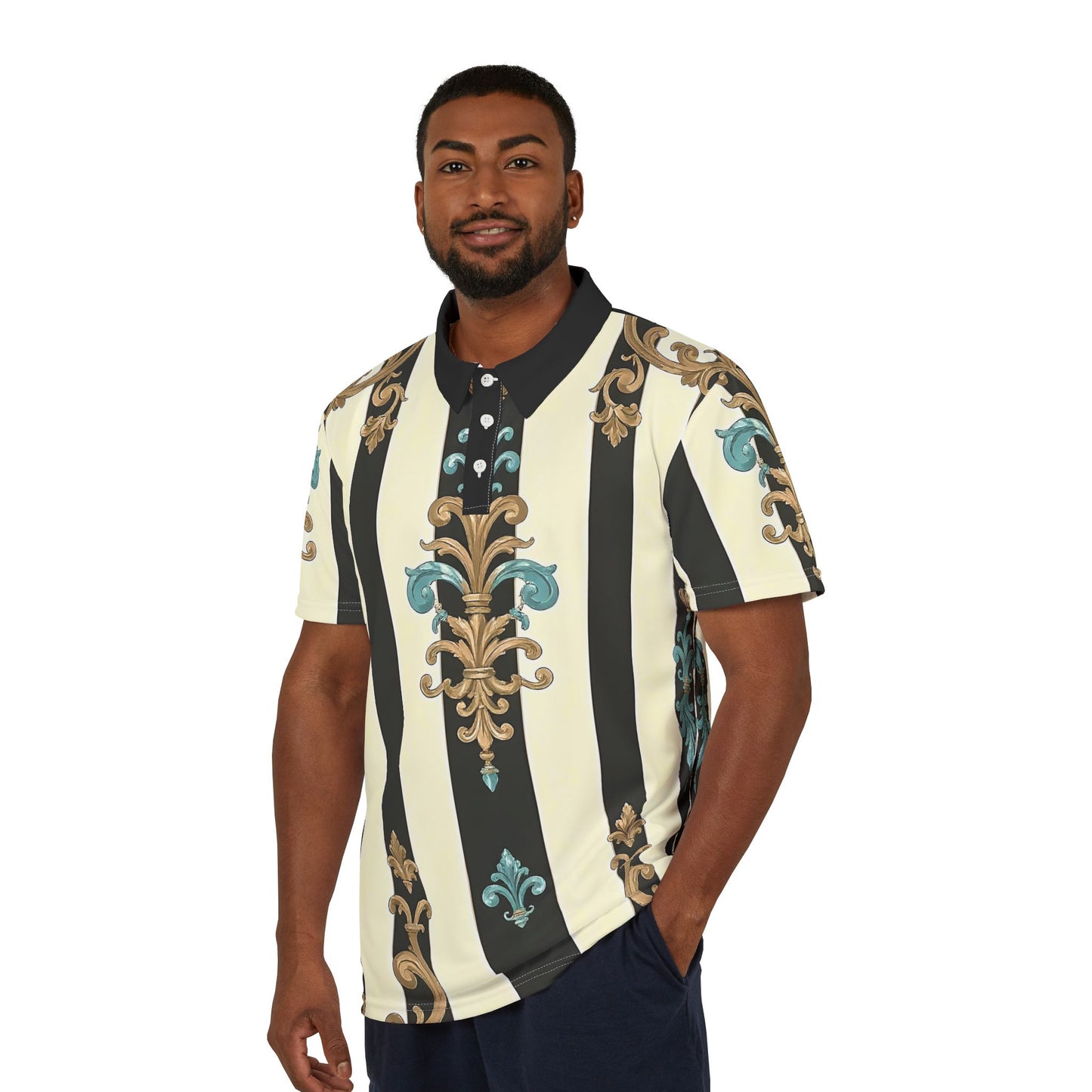 Chic Unisex Polo Shirt - Black Striped Turquoise & Black Rococo
