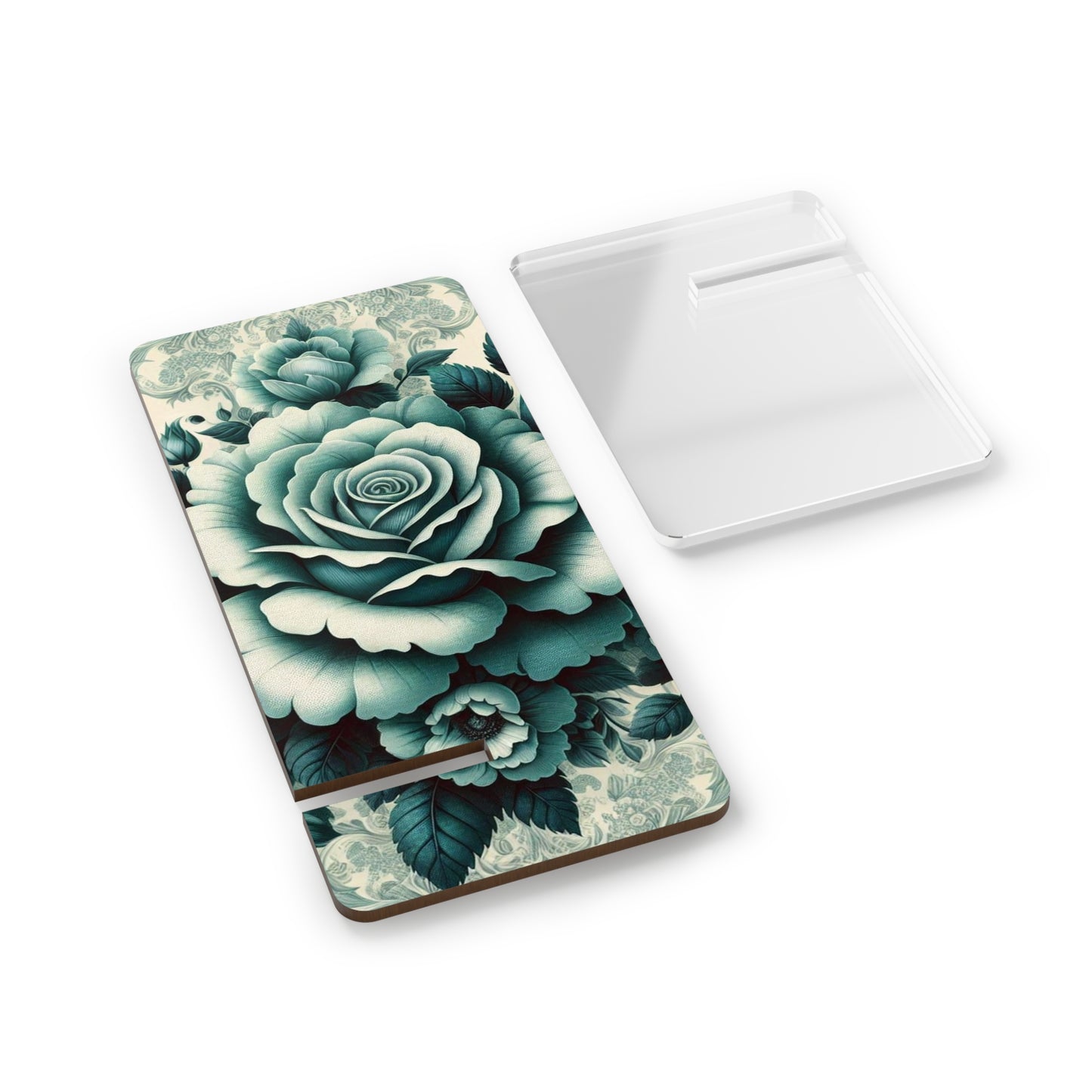 Elegant Floral Motif Smartphone Display Stand - Teal Roses & Damask - Decorative Mobile Holder