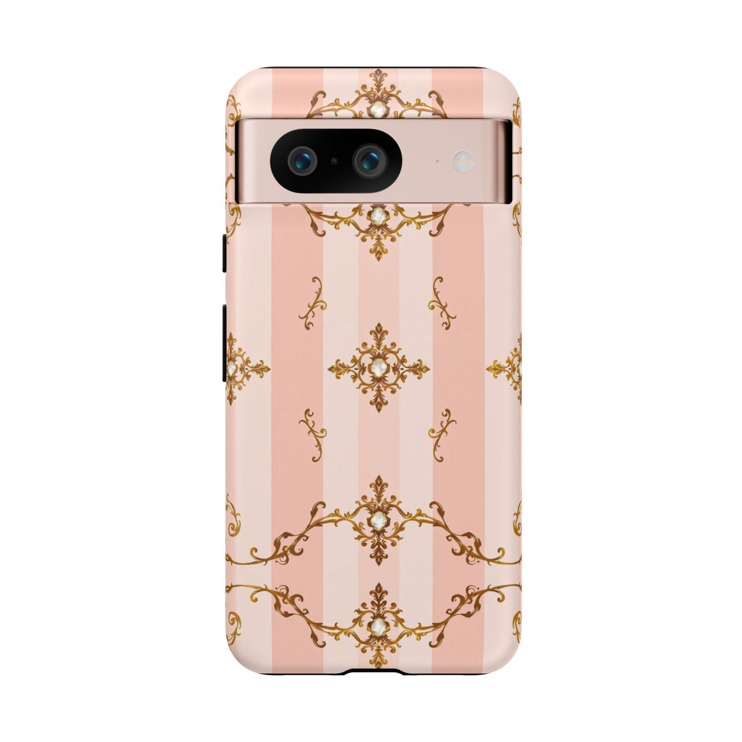 Elegant Floral Phone Case, Tough Cases for Women, Trendy Phone Cover, Chic Gift - Pink Jeweled Striped Gold Baroque