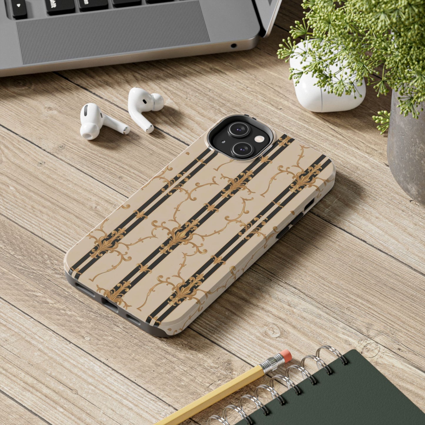 Elegantly Tough Phone Cases | Stylish Phone Covers, Durable Cases, Fashionable Accessories - Black & Beige Striped Damask
