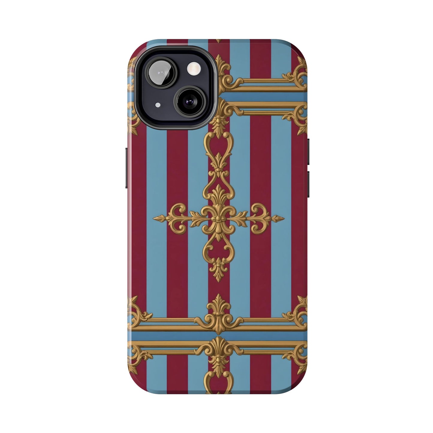 Elegant Patterned Tough Phone Cases, Stylish Phone Cover, Durable Phone Protection, Unique Gift Idea - Sky Blue & Maroon Striped Baroque