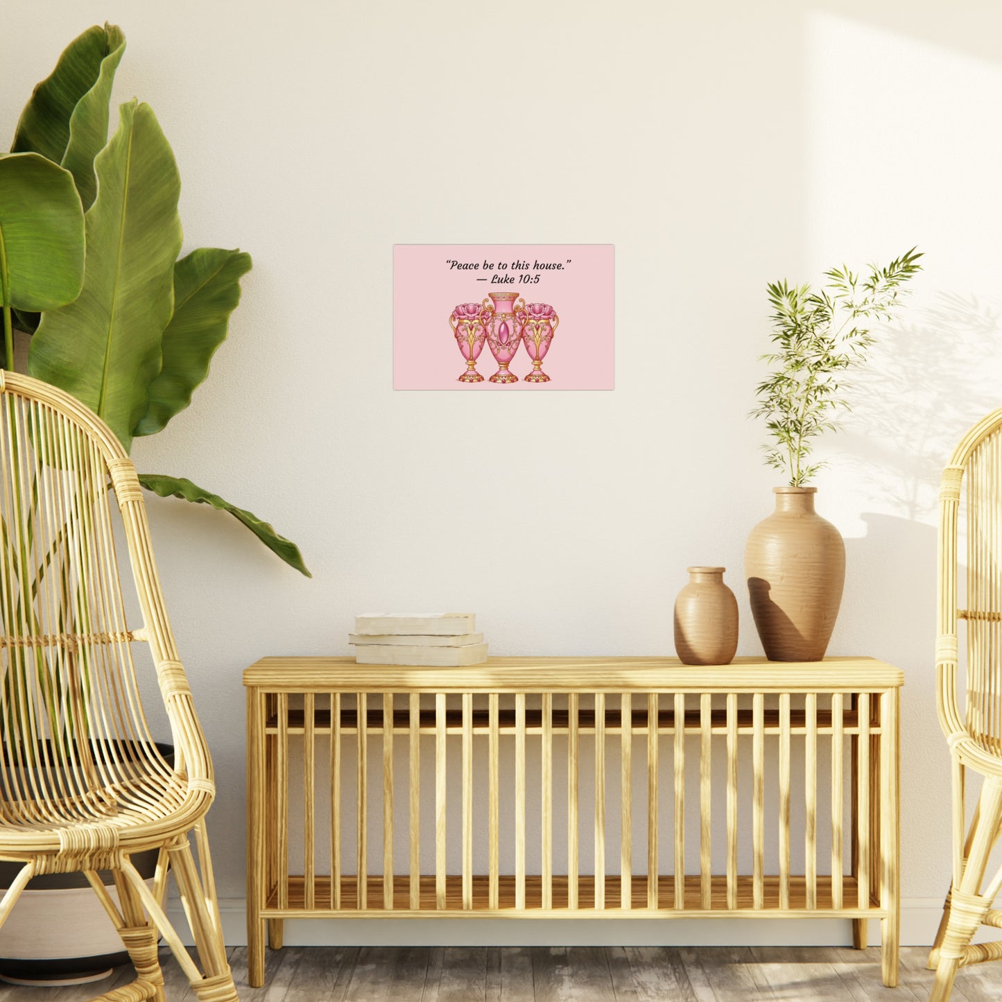 Elegant Pink Vase Wall Art Print, Home Decor, Inspirational Quote Art, Gift Idea for Housewarming, Religious Decor, Luke 10:5
