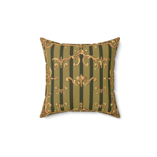 Elegant Faux Suede Square Pillow with Antique Gold Pattern, Decorative Cushion for Home Decor - Olive Green Striped Rococo