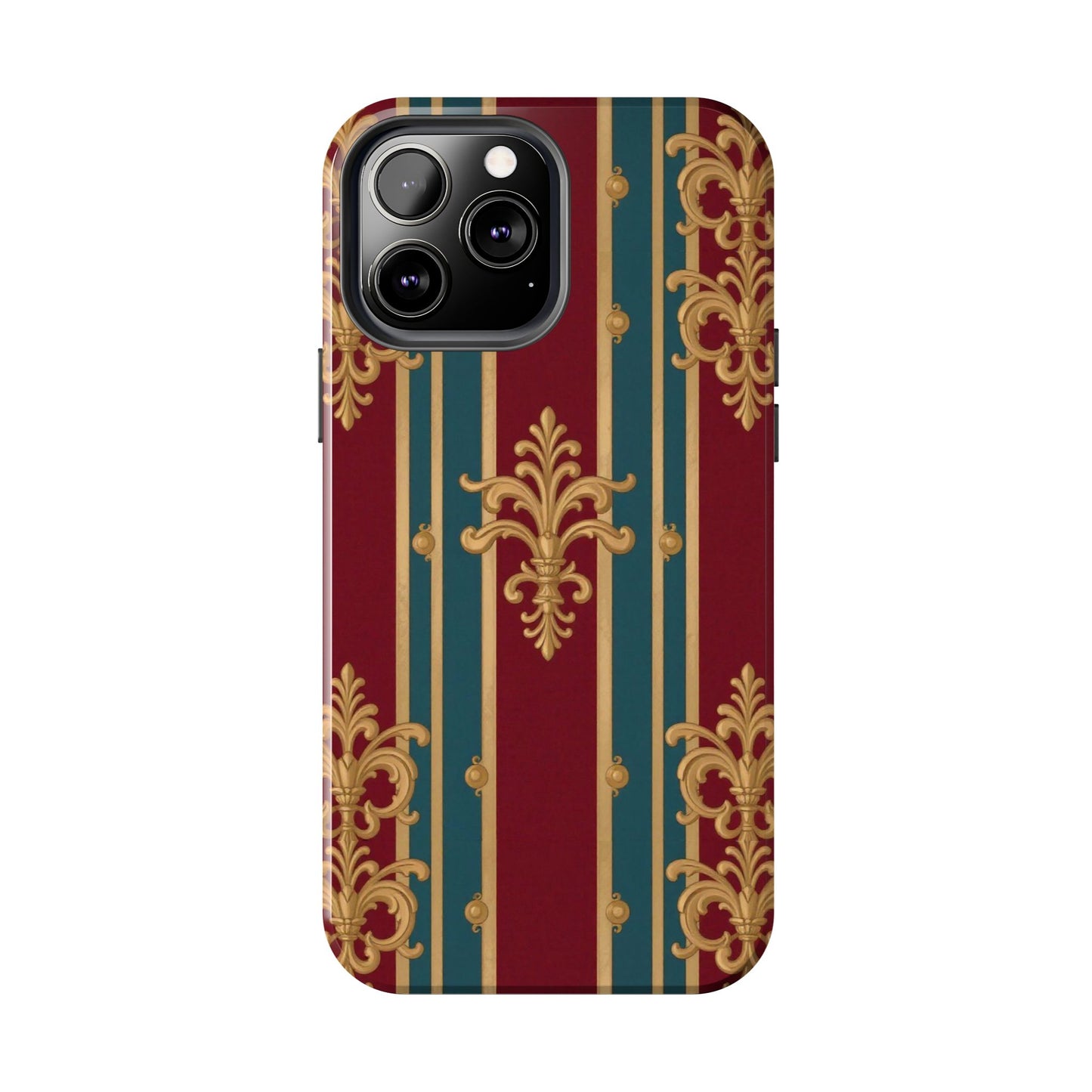 Elegant Vintage Tough Phone Case, Luxury Phone Protection, Stylish Phone Cover, Durable Phone Accessory - Burgundy Striped Gold Baroque