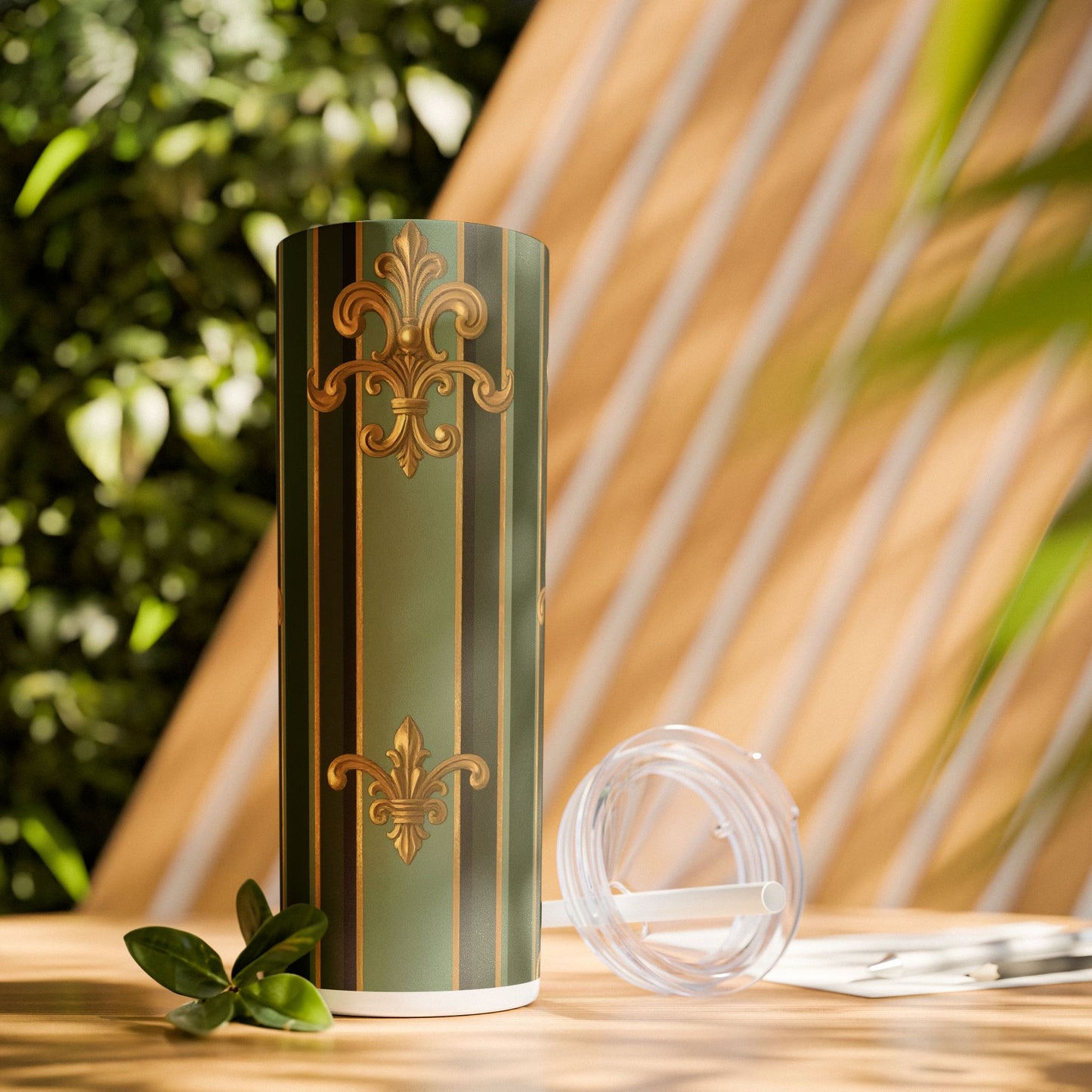 Elegant Green Striped Skinny Tumbler, 20oz Travel Mug, Reusable Cup, Perfect for Gifts, Parties, Home Decor - Green Striped Gold Baroque