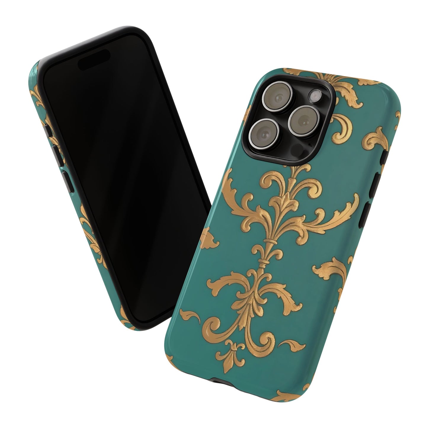 Elegant Floral Motif Phone Case - Tough Cases with Vintage Design - Aqua & Gold Damask