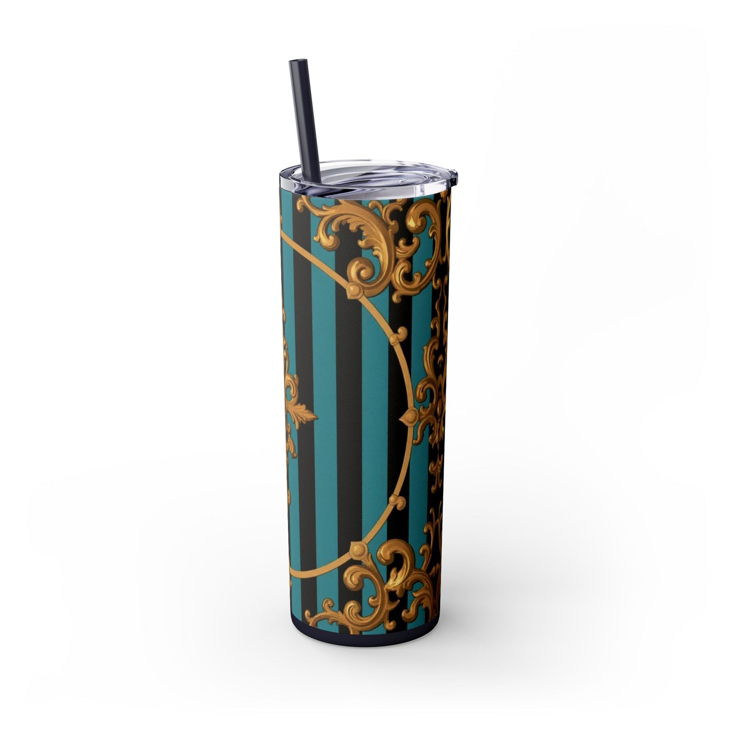Elegant Turquoise & Black Striped Gold Baroque Skinny Tumbler with Straw, 20oz, Stylish Travel Mug, Party Favor, Birthday Gift, Drinkware
