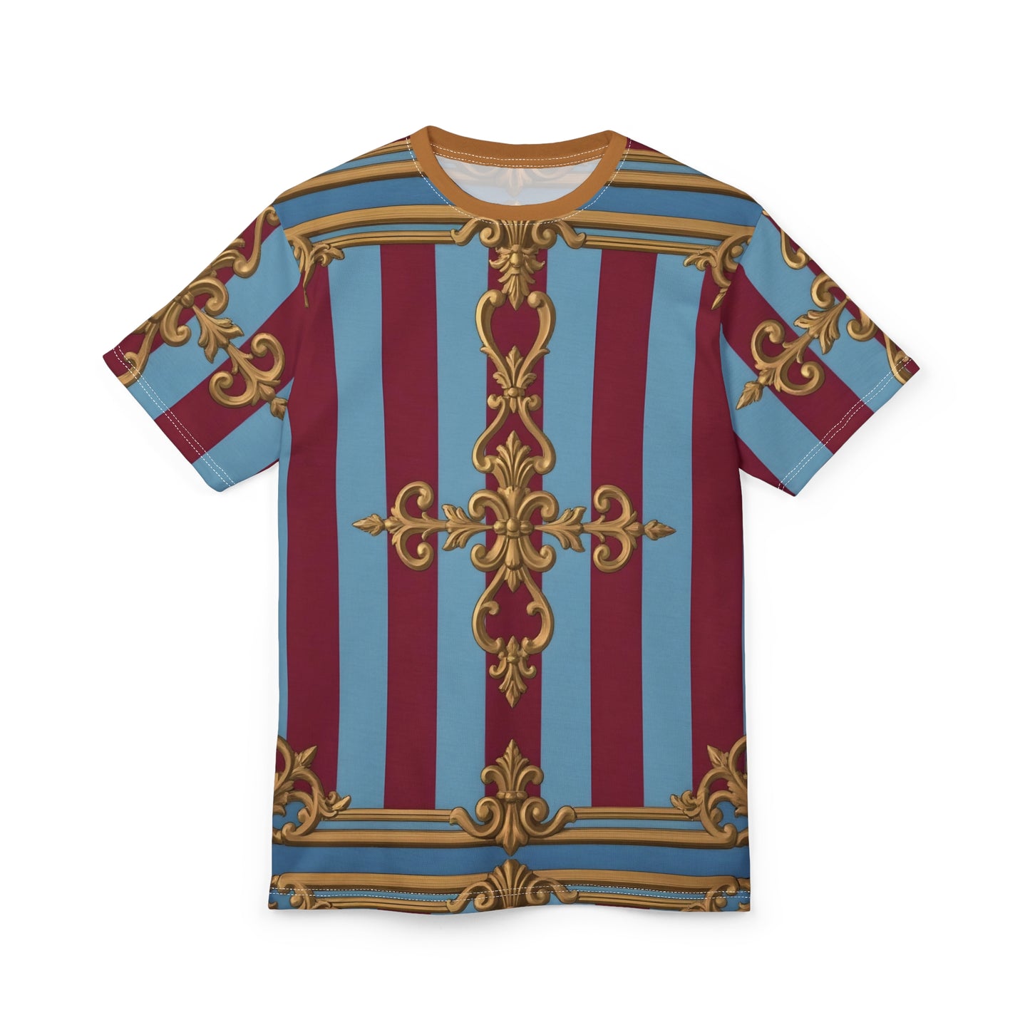 Vintage-Inspired Unisex Tee, Bold Graphic T-Shirt, Unique Casual Wear, Festival Outfit, Trendy Streetwear - Sky Blue & Maroon Striped Baroque