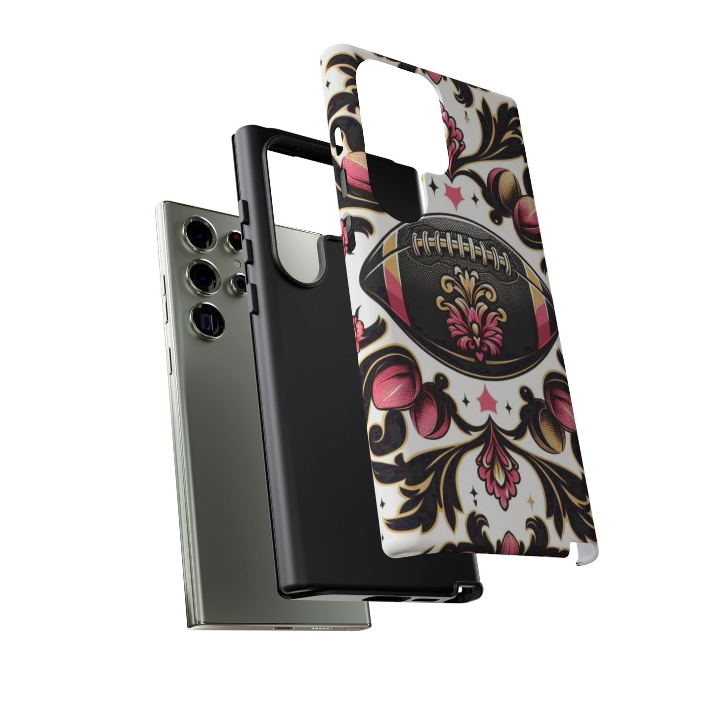 Elegant Floral Motif Phone Case - Tough Cases with Vintage Design - Damask White, Pink Gold & Black Football
