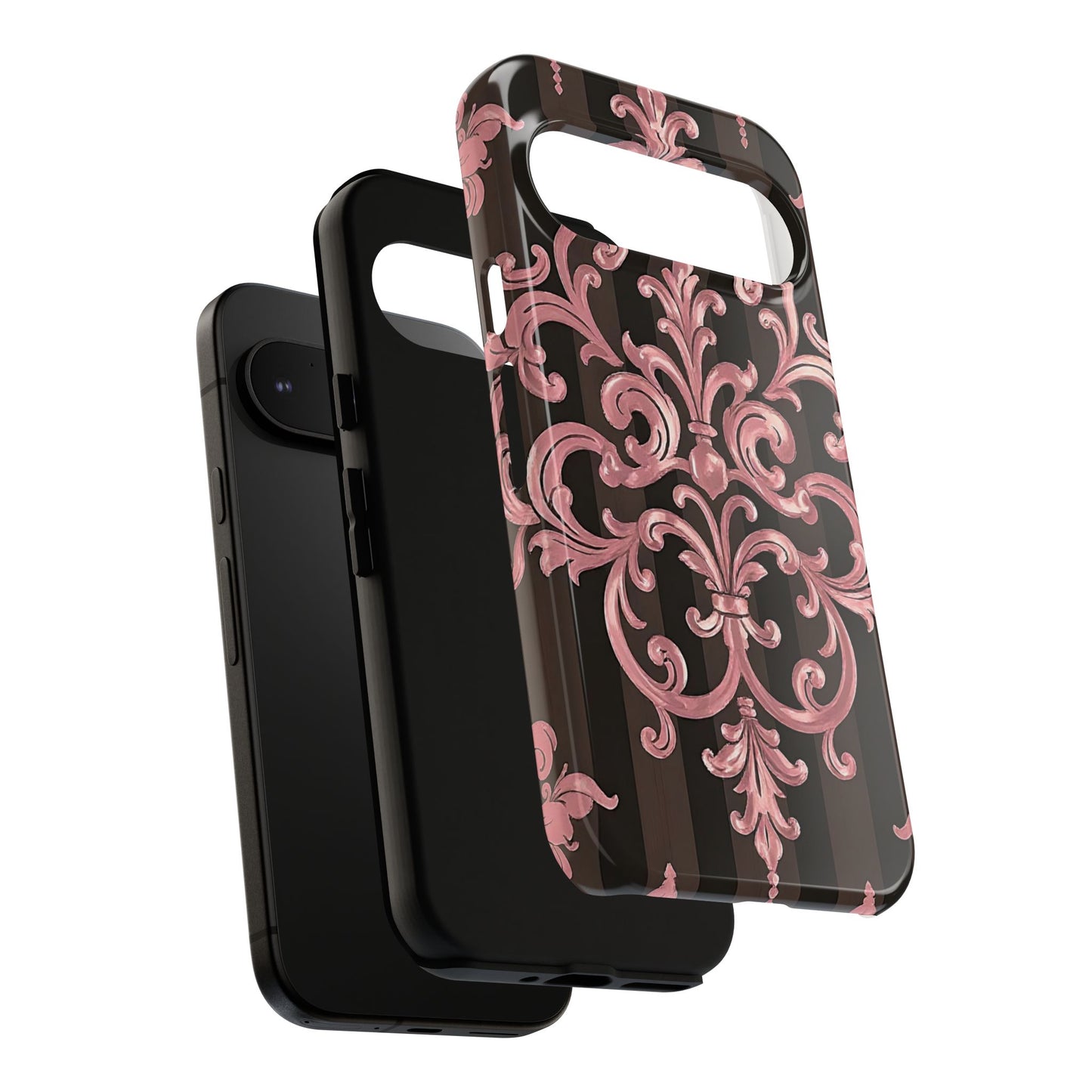 Elegant Floral Motif Phone Case - Tough Cases with Vintage Design - Brown Striped Mauve Damask