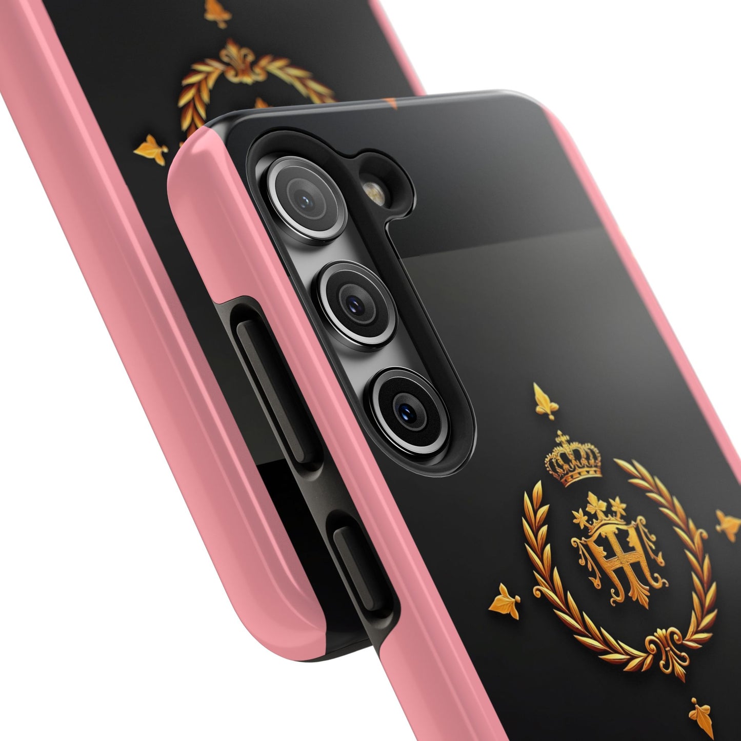 Tough Phone Case with Regal Design - Elegant Phone Protection, Gift for Him/Her, Royalty Inspired - Pink Striped Gold Crest