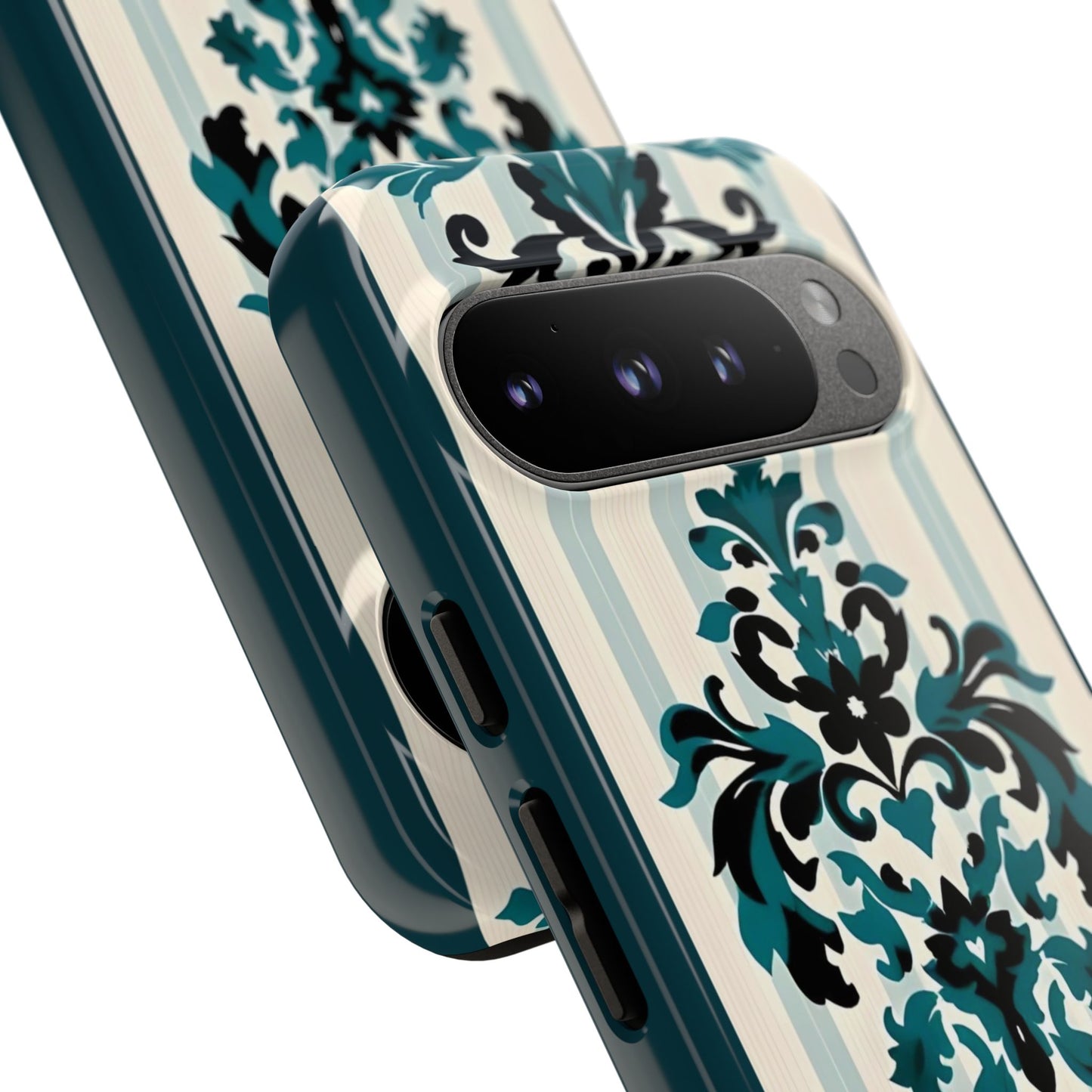 Elegant Floral Phone Case - Tough Cases with Vintage Design - Teal Striped Damask