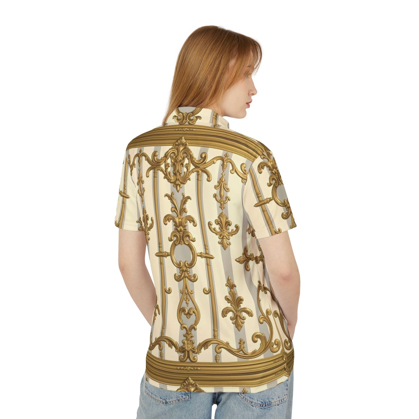 Elegant Gold Pattern Polo Shirt, Stylish Men's Casual Wear, Great for Parties, Weddings, Spring Events - Matte Gray & Cream Striped Gold Baroque