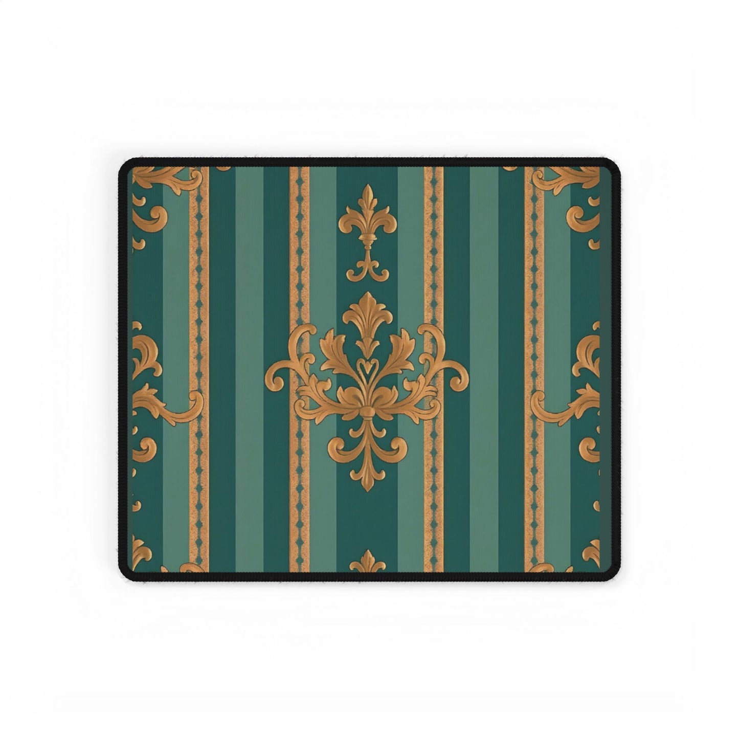Elegant Floral Motif Desk Mat for Home Office Decor - Teal Striped Gold Damask