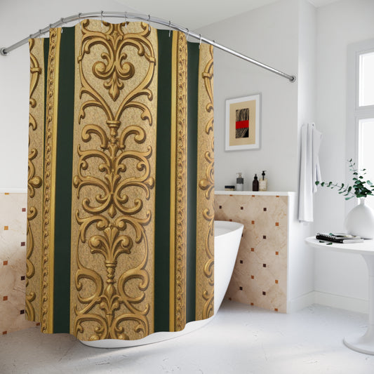 Elegant Teal Striped Gold Baroque Vintage Shower Curtains, Luxurious Bathroom Decor, Gothic Home Accessory, Luxury Gift, Vintage Style