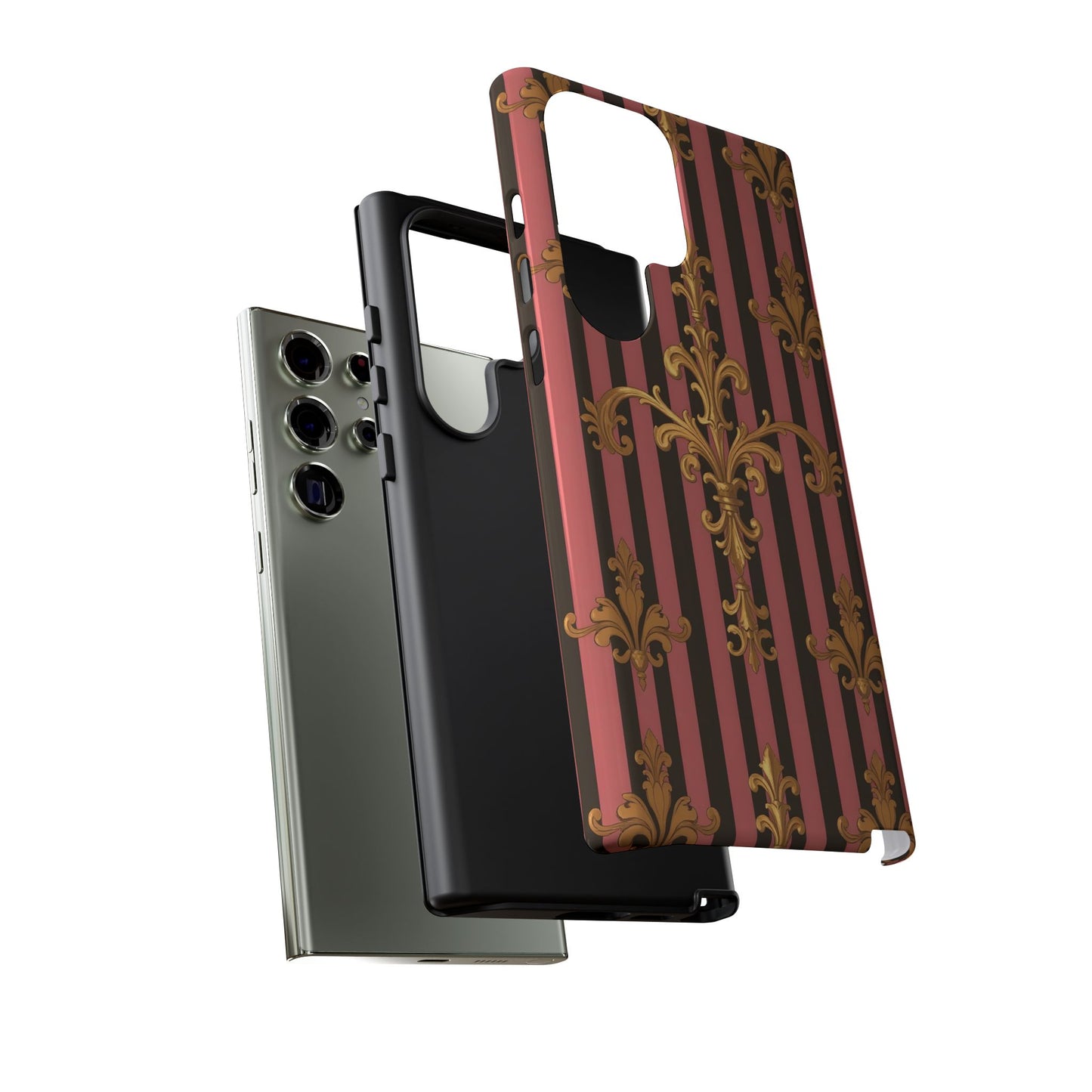 Elegant Floral Motif Phone Case - Tough Cases with Vintage Design - Mauve Striped Gold Damask