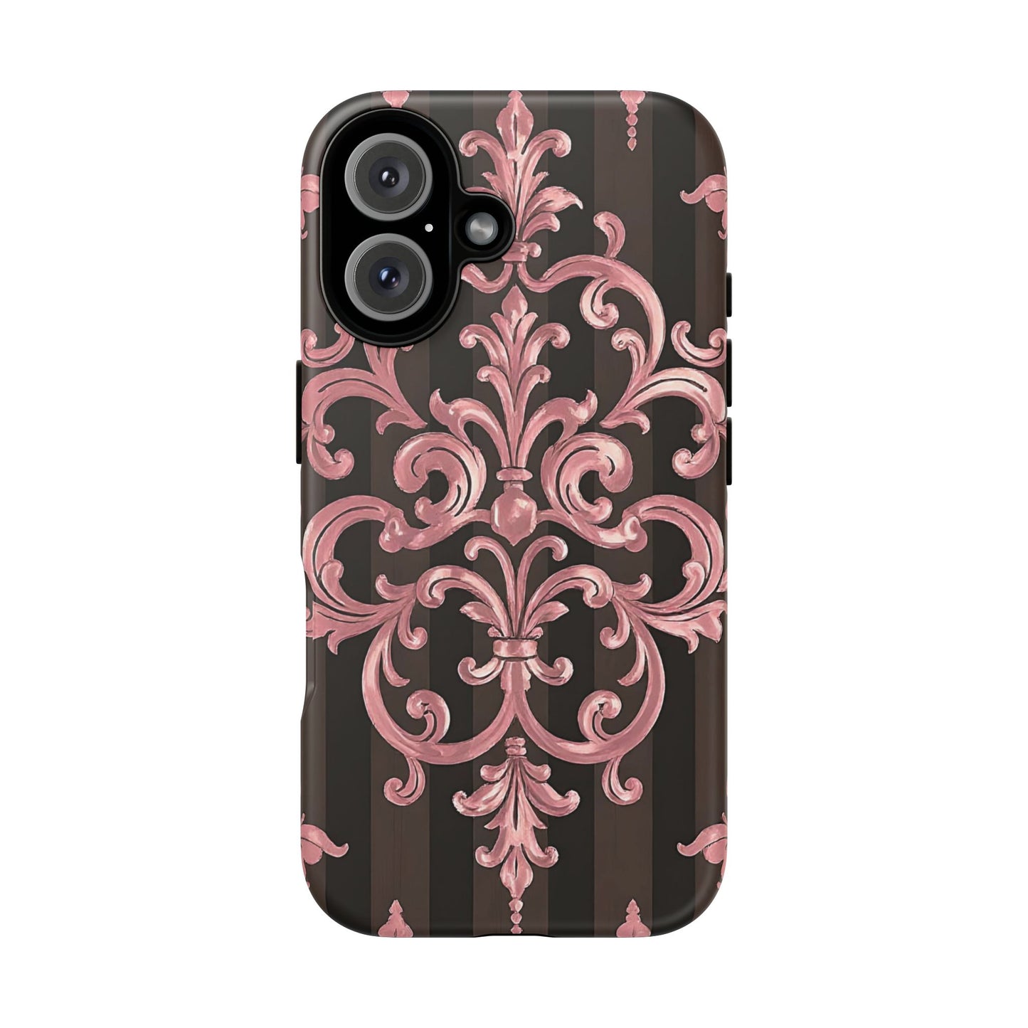Elegant Floral Motif Phone Case - Tough Cases with Vintage Design - Brown Striped Mauve Damask