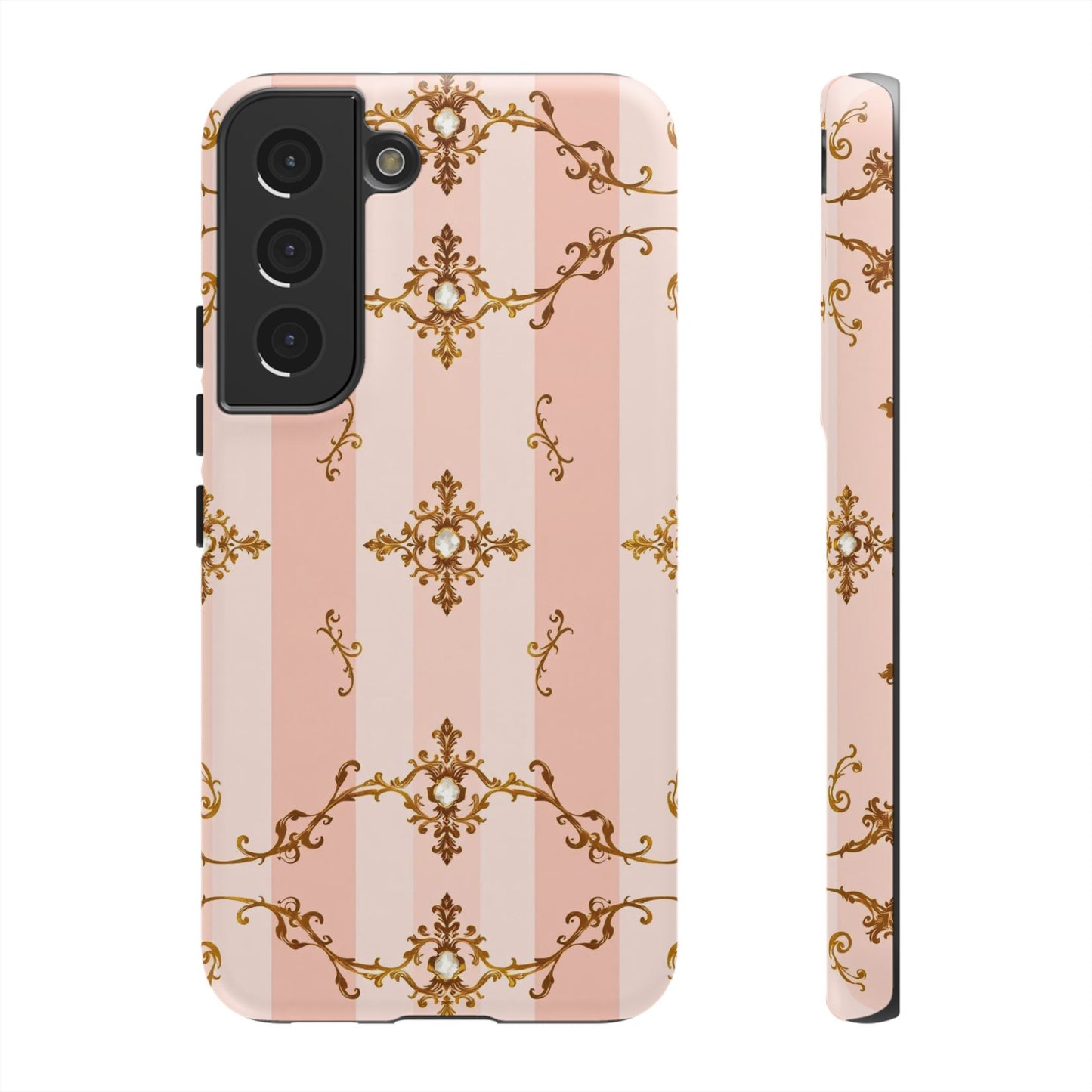 Elegant Floral Phone Case, Tough Cases for Women, Trendy Phone Cover, Chic Gift - Pink Jeweled Striped Gold Baroque