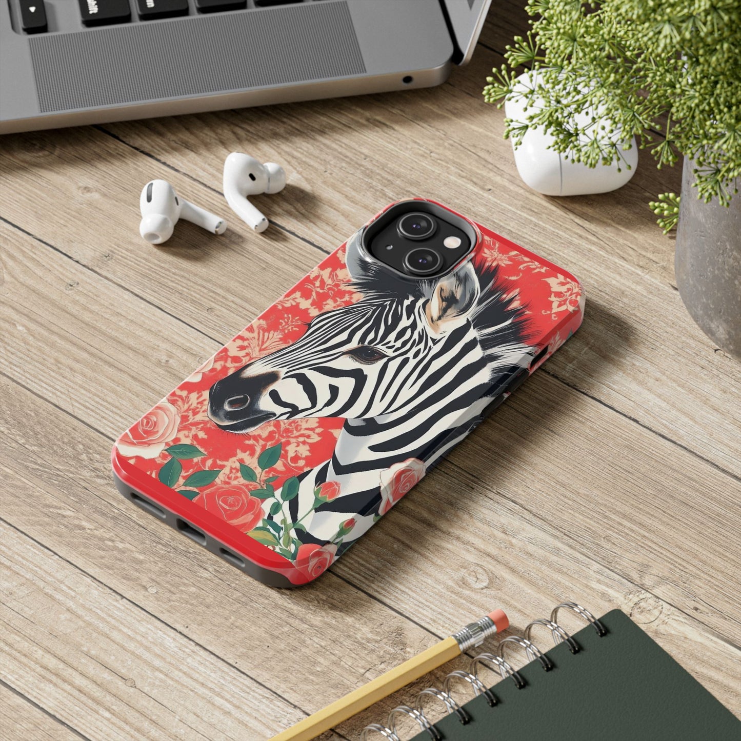 Zebra Tough Phone Case - Trendy Floral Design for Animal Lovers - Zebra With Coral Roses & Damask