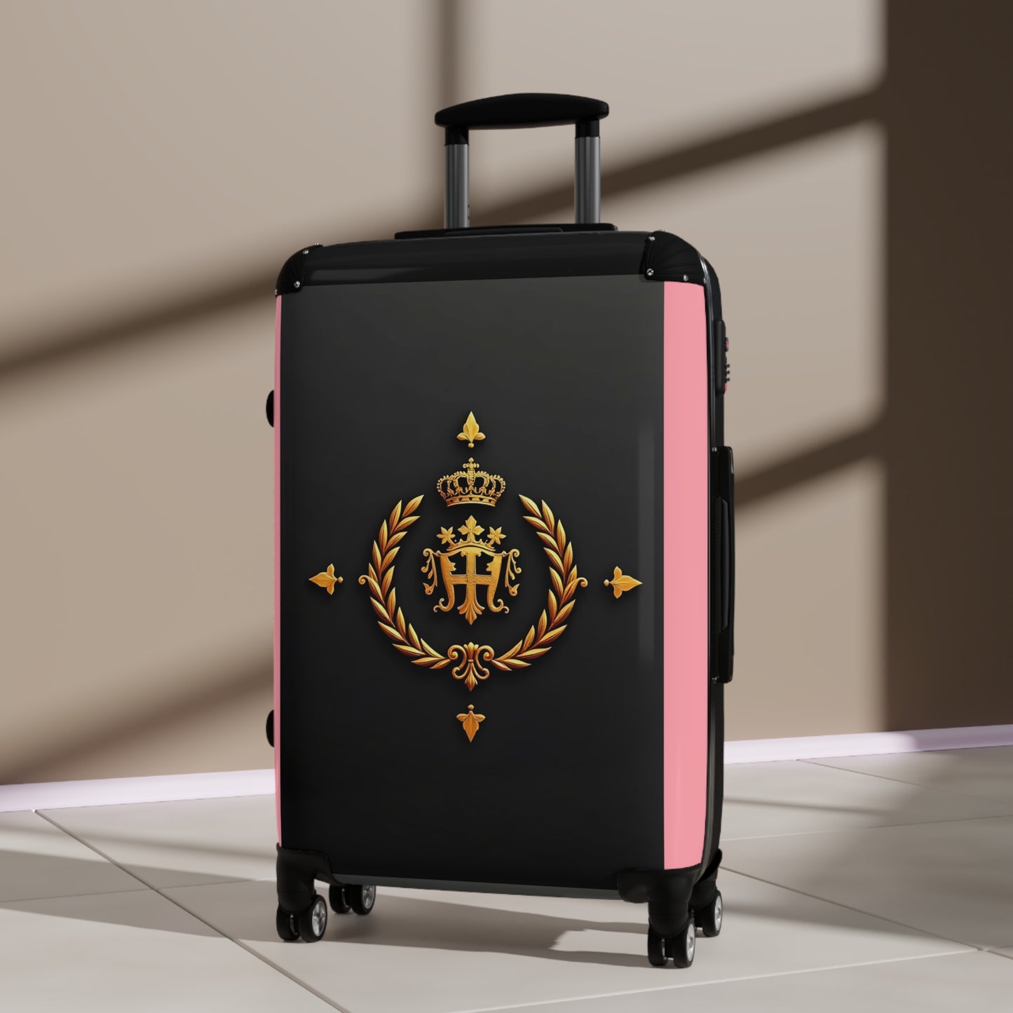 Regal Crown Suitcase, Stylish Travel Luggage, Vacation Essentials, Personalized Carry-On, Unique Gift for Travelers - Pink Striped Gold Crest