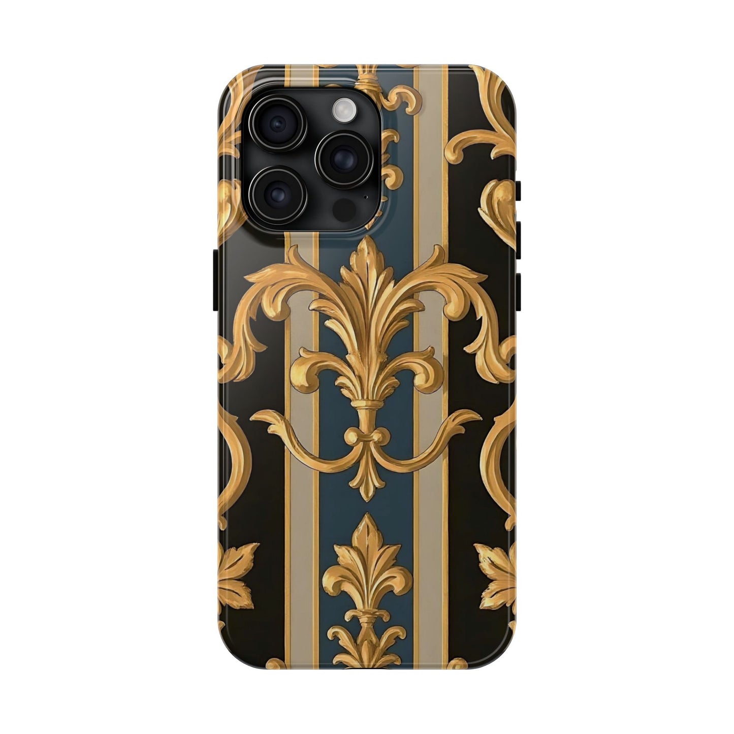 Elegant Rococo Phone Cases, Tough iPhone Case, Floral Design Case, Luxury Phone Cover - Blue & Black Striped Rococo