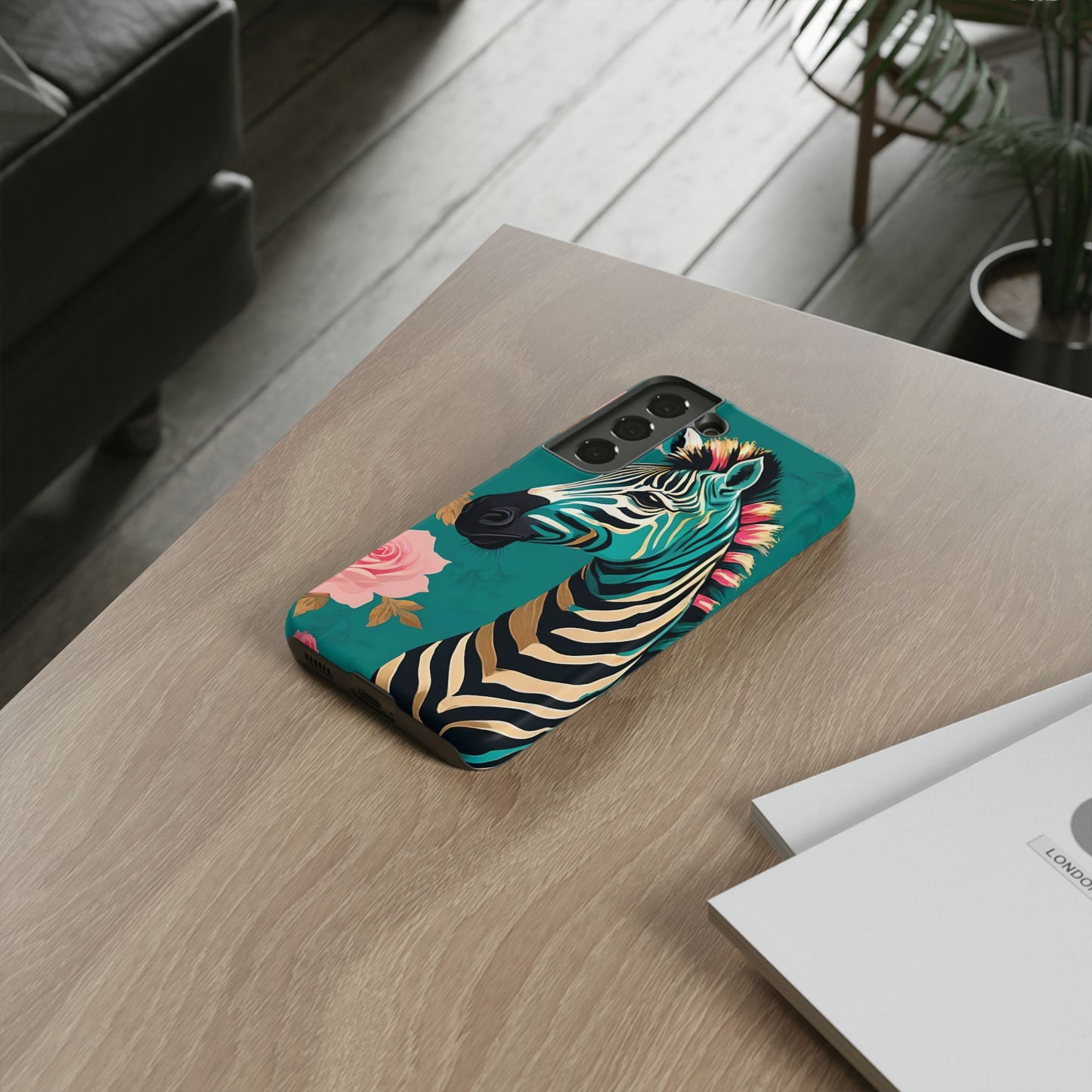 Phone Case - Elegant Teal & Gold Zebra & Roses Design