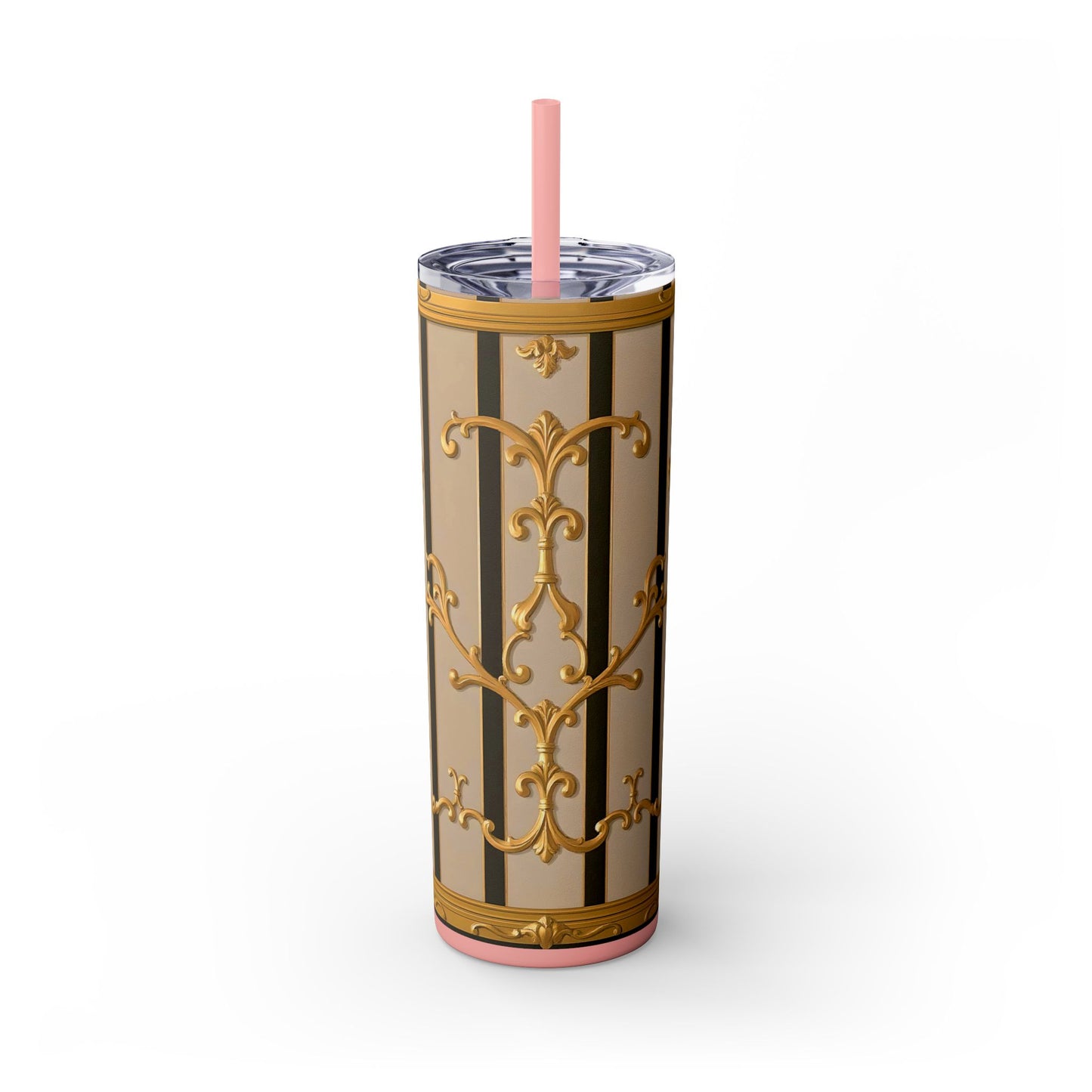 Skinny Tumbler with Straw, 20oz - Beige Striped Gold Rococo