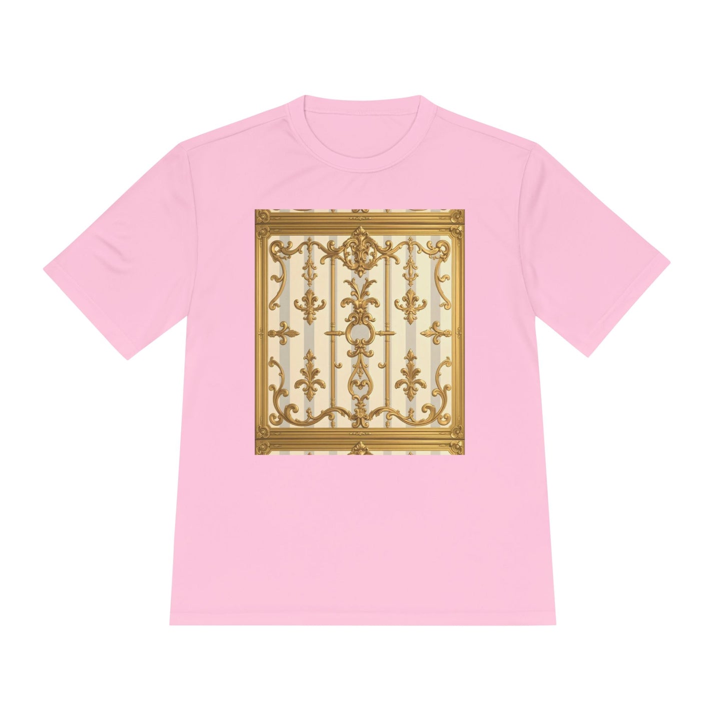 Elegant Gold Unisex Moisture Wicking Tee, Fashion Tee, Workout Shirt, Summer Style - Matte Gray & Cream Striped Gold Baroque