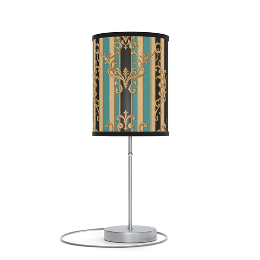 Elegant Black, Tan & Ocean Green Striped Gold Baroque Decorative Table Lamp, Modern Home Décor, Vintage Style Lighting, Nightstand Lamp