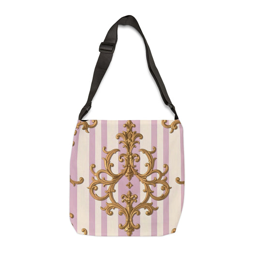 Elegant Floral Adjustable Tote Bag, Perfect for Shopping, Travel, Gym, Gifts, Special Occasions - Lilac & Alabaster Striped Gold Baroque