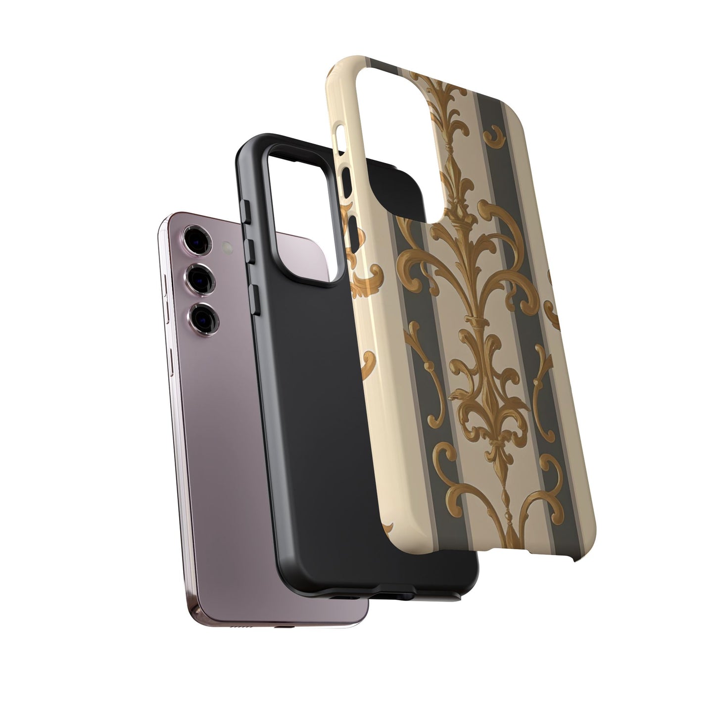 Elegant Floral Motif Phone Case - Tough Cases with Vintage Design - Dusk Olive Striped Gold Damask