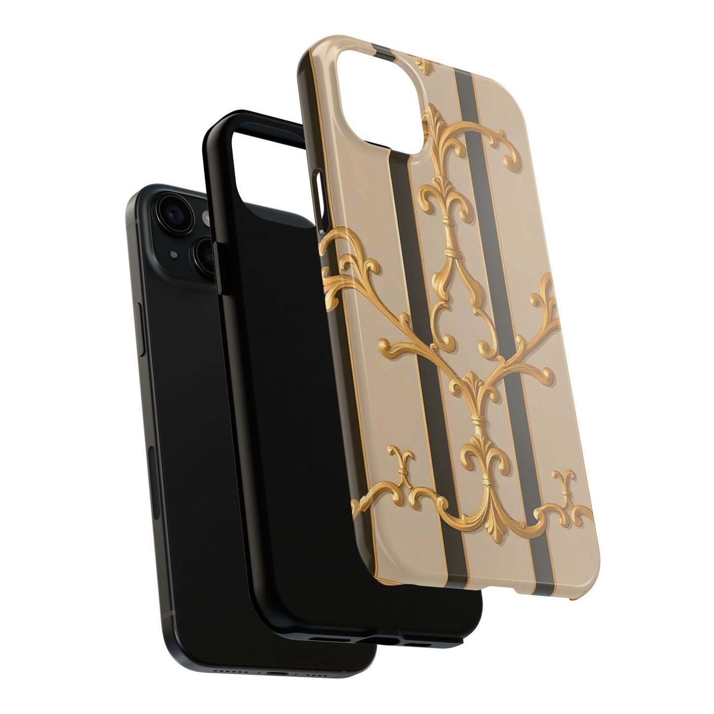 Elegant Vintage Tough Phone Case, Stylish Phone Cover, Boho Accessories, Perfect Gift for Her - Beige Striped Gold Rococo