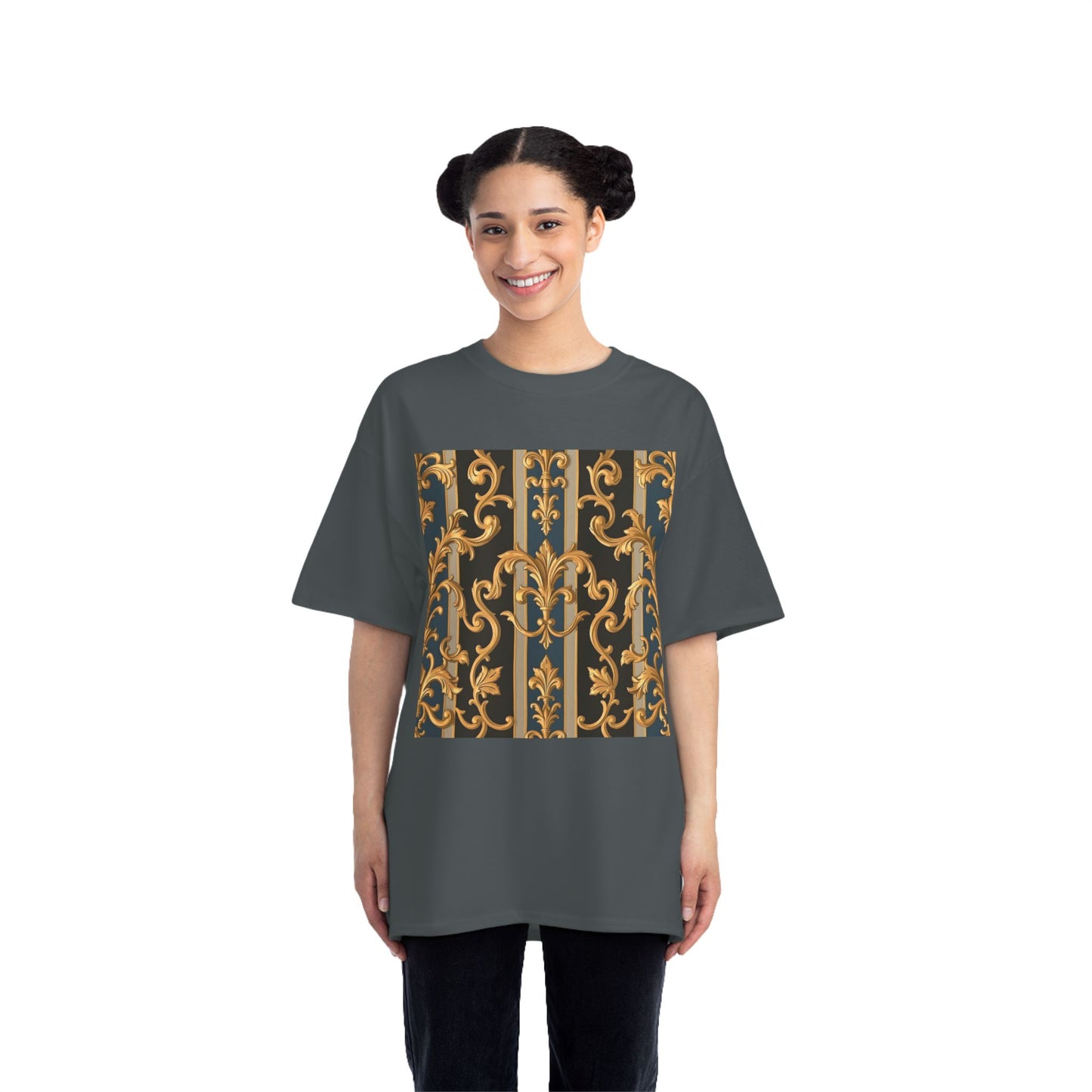 Ornate Gold Pattern Short-Sleeve T-Shirt, Stylish Casual Wear, Unique Graphic Tee - Blue & Black Striped Rococo