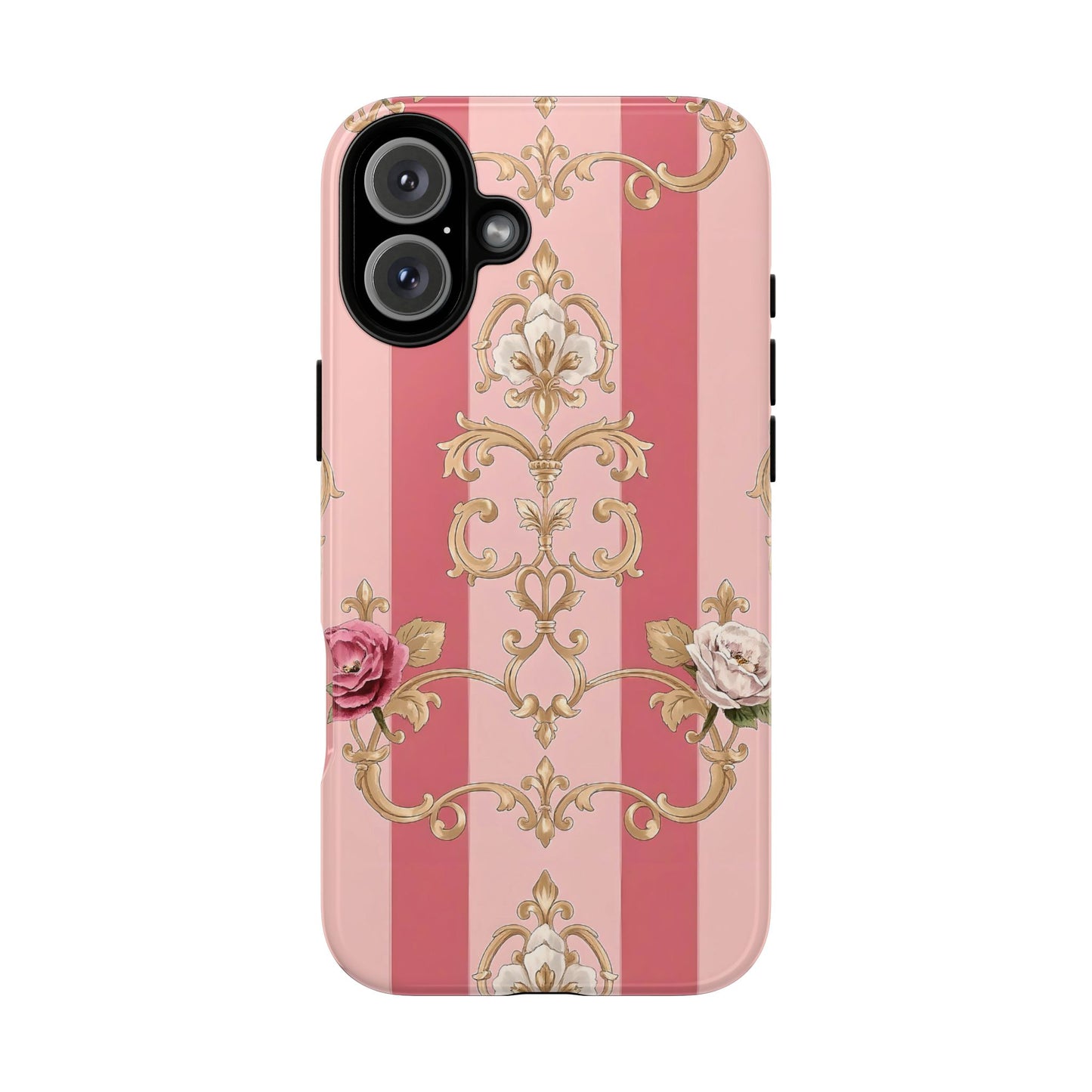 Elegant Floral Motif Phone Case - Tough Cases with Vintage Design - Pink Striped Roses & Damask