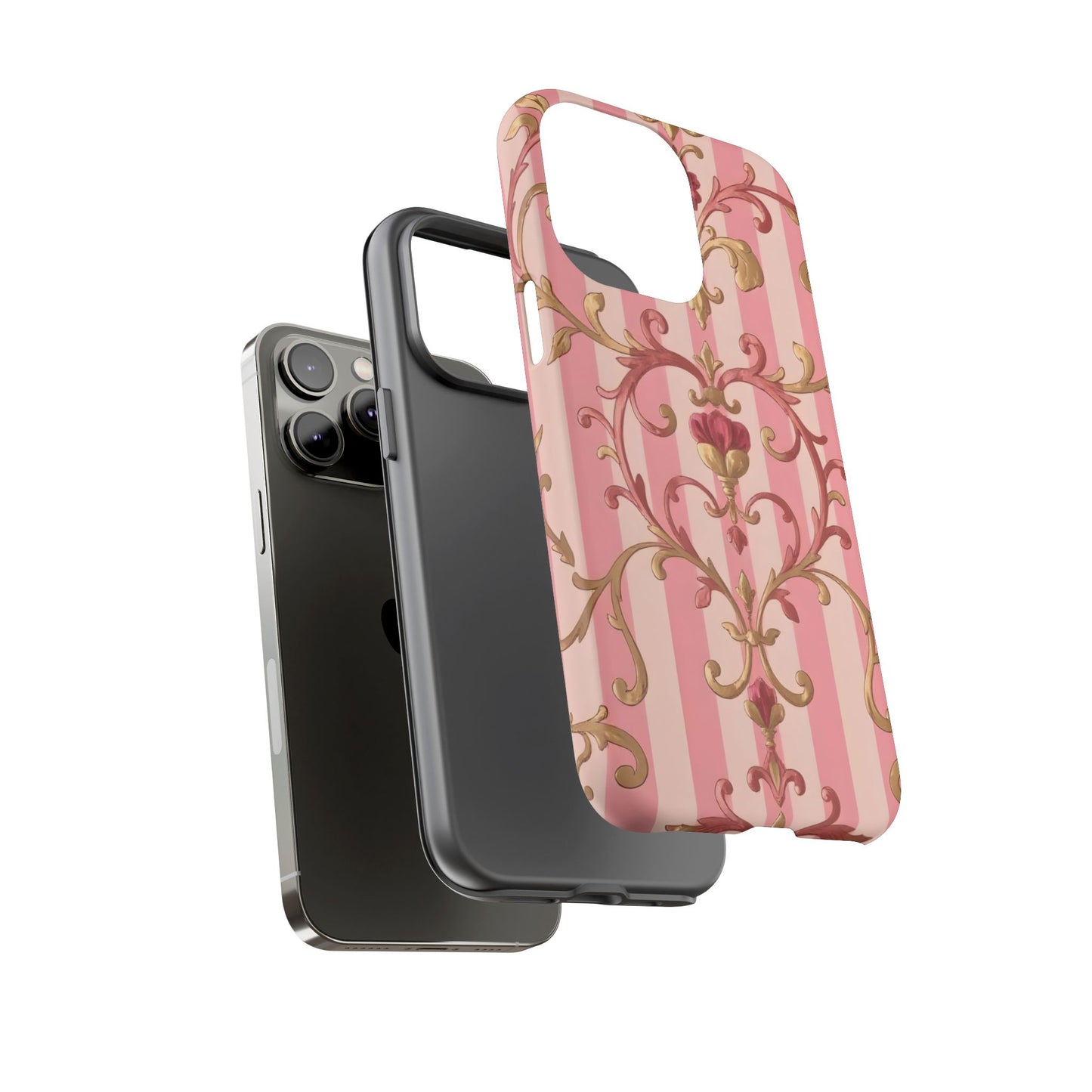 Elegant Floral Motif Phone Case - Tough Cases with Vintage Design - Pink Striped Rose Gold Damask