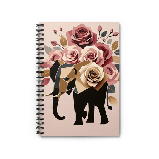 Stylish Elephant Spiral Notebook - Ruled Line with Floral Design -  Black & Gold Elephant & Roses Design