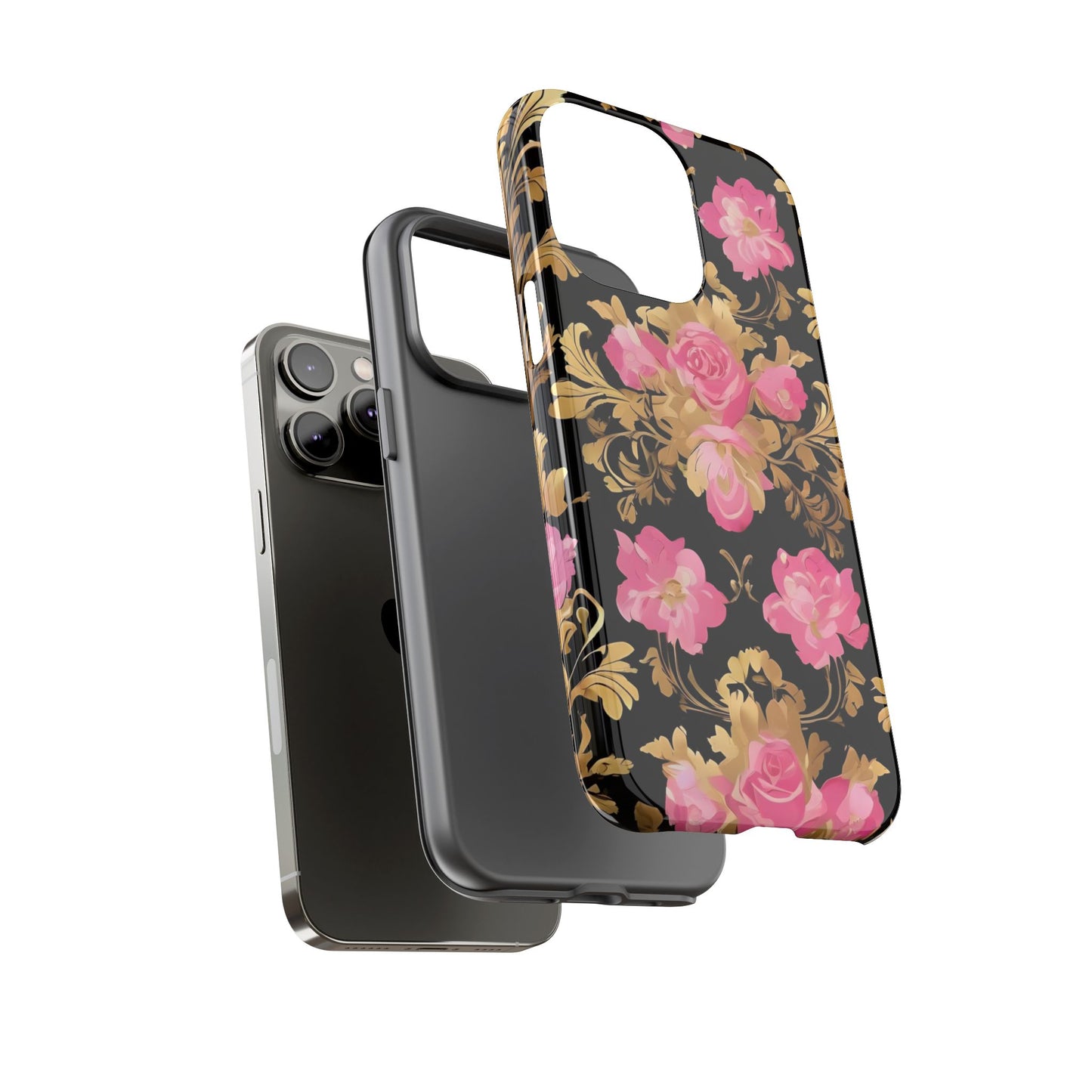 Elegant Floral Motif Phone Case - Tough Cases with Vintage Design - Pink & Gold Roses