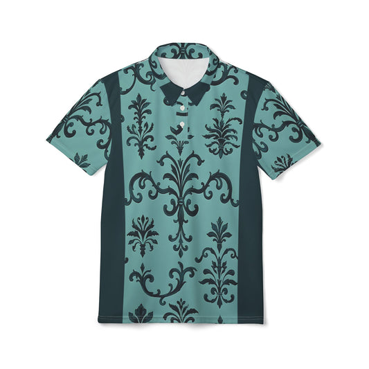 Elegant Damask Print Unisex Polo Shirt, Stylish Casual Wear, Gift for Men and Women, Fashionable Everyday Polo - Teal Striped Rococo