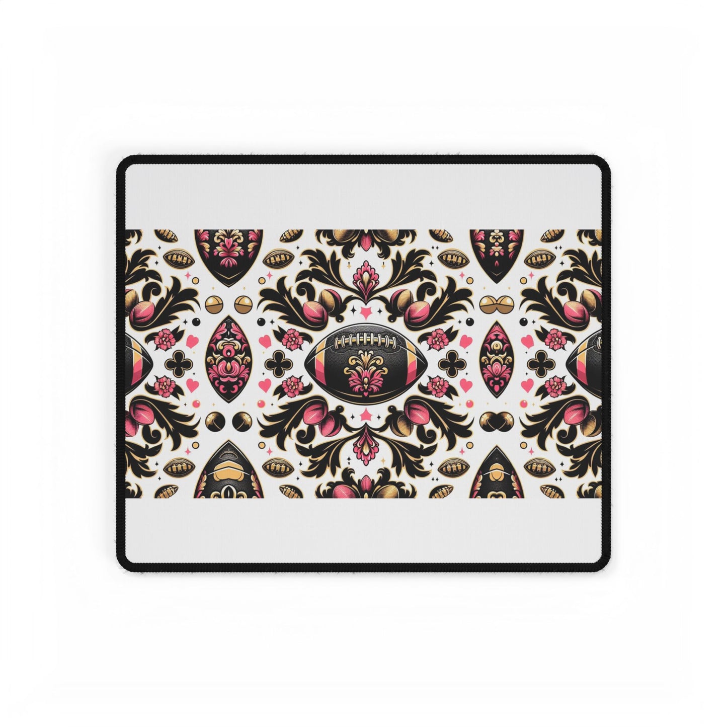 Desk Mat - Elegant Floral Motif for Home Office Decor - Pink, White, Gold & Black Damask Footballs