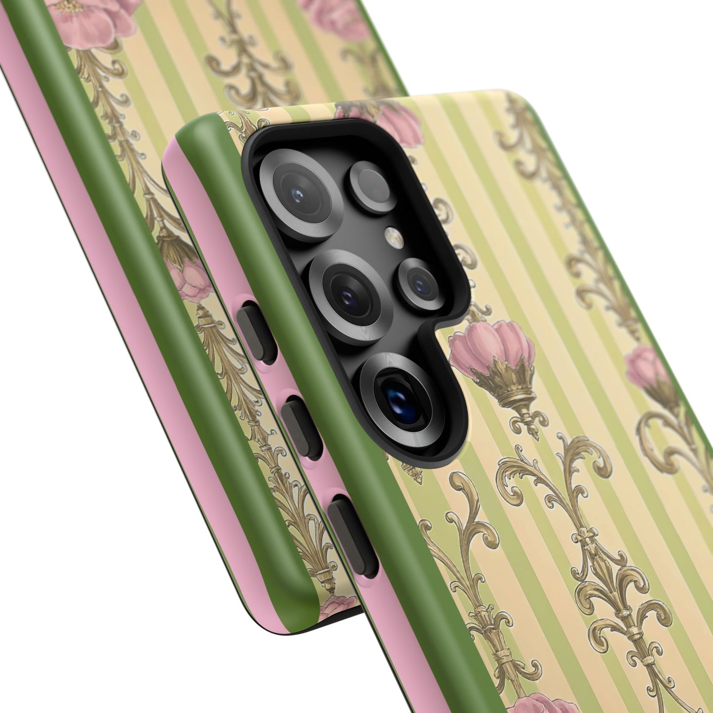 Elegant Floral Motif Phone Case - Tough Cases with Vintage Design - Lime Green & Pink Striped Damask