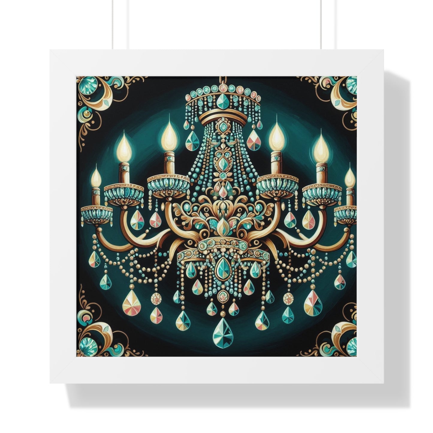 Elegant Chandelier Art Print, Framed Vertical Poster, Home Decor, Wall Art, Gift for Her, Luxury Interior Decoration - Teal Jeweled Chandelier