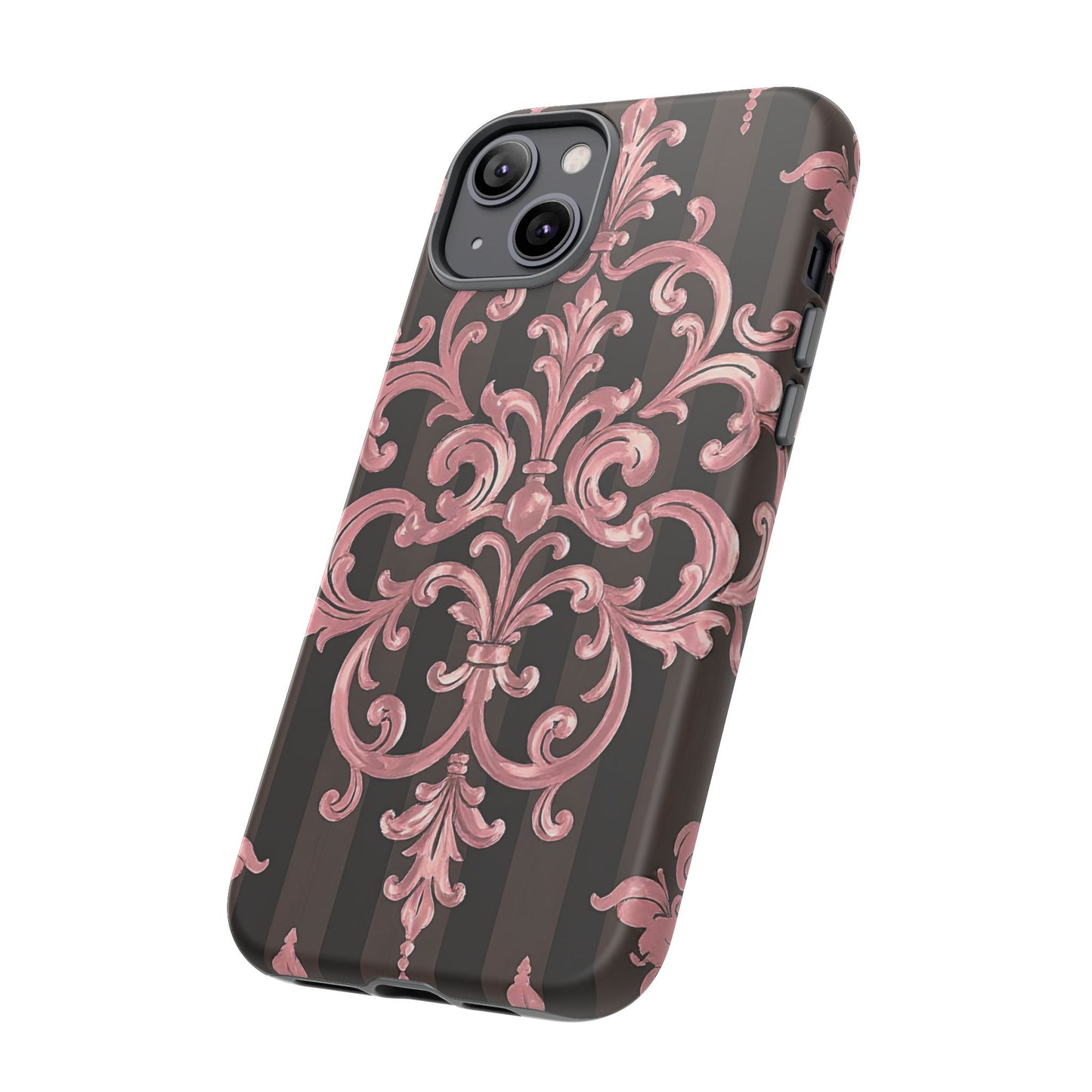 Elegant Floral Motif Phone Case - Tough Cases with Vintage Design - Brown Striped Mauve Damask