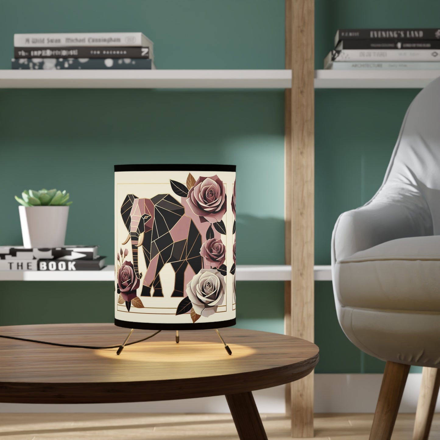 Boho Elephant Tripod Lamp with Floral Design - High-Res Printed Shade - Brown & Mauve Elephant & Roses Design