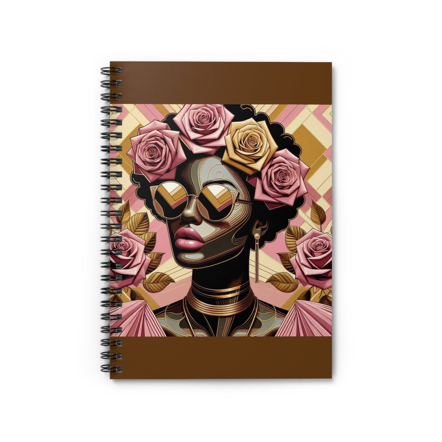 Artistic Spiral Notebook - Floral Afro Woman Design | Perfect for Journaling, Note-Taking, Gifts, Art Lovers, Unique Stationery - Pink Roses Lady