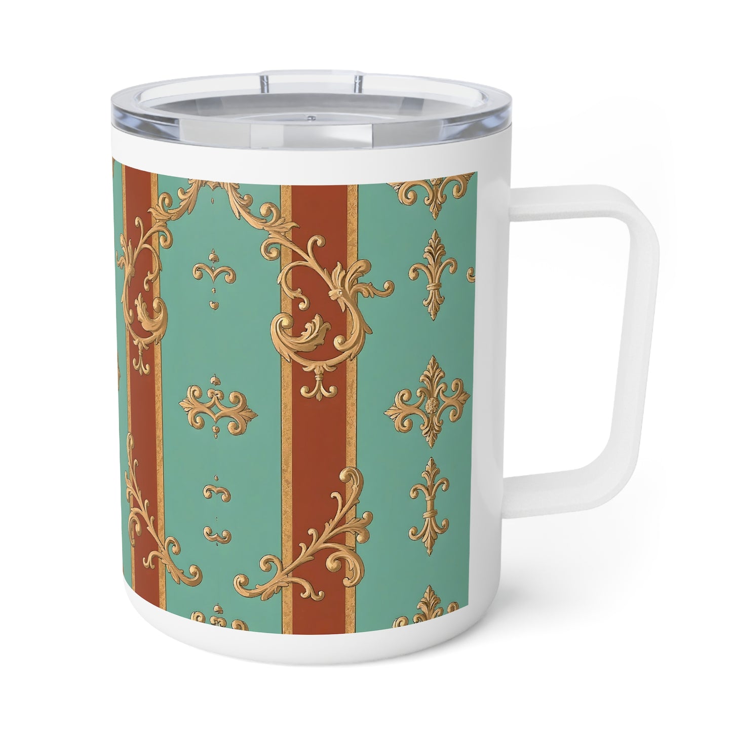 Elegant Vintage Insulated Coffee Mug - 10oz Ornate Design - Rust & Mint Aqua Striped Baroque